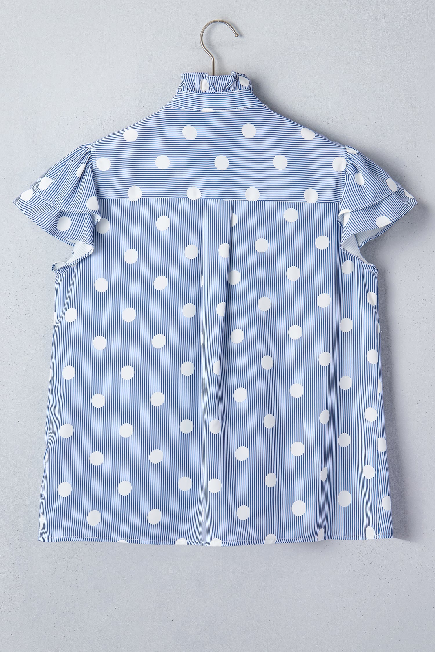 Sky Blue Stripe Contrast Polka Dot Print Pleated Ruffle Sleeve Shirt
