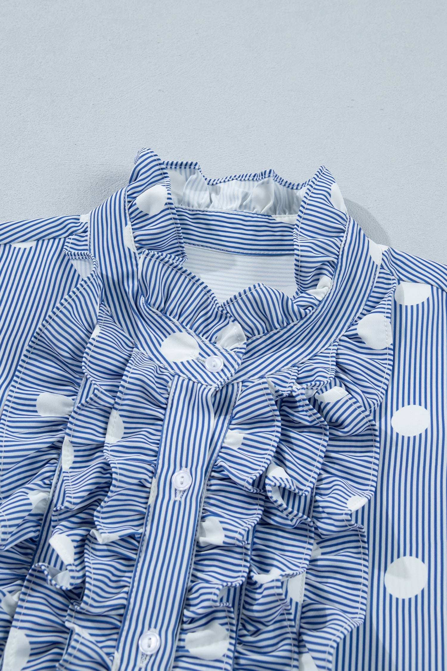 Sky Blue Stripe Contrast Polka Dot Print Pleated Ruffle Sleeve Shirt