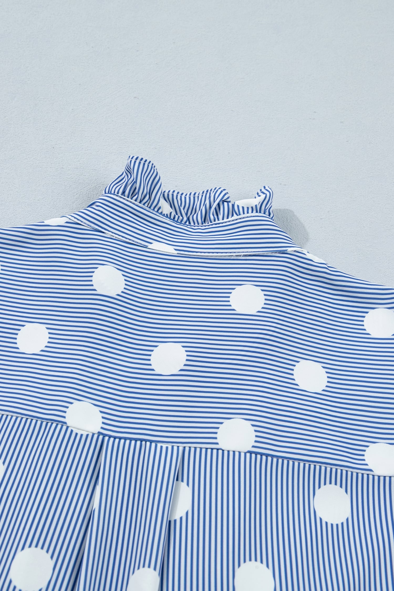 Sky Blue Stripe Contrast Polka Dot Print Pleated Ruffle Sleeve Shirt