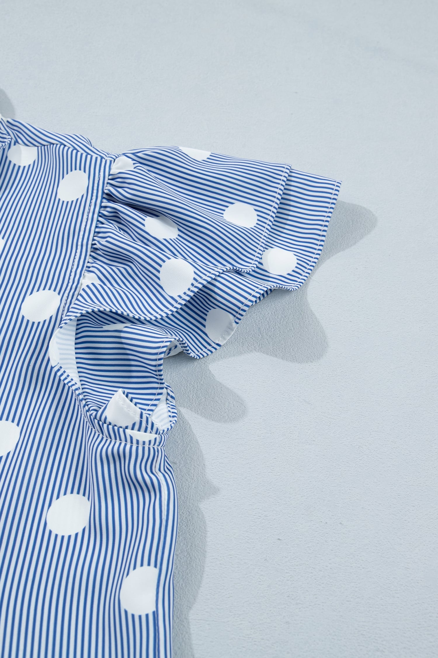 Sky Blue Stripe Contrast Polka Dot Print Pleated Ruffle Sleeve Shirt