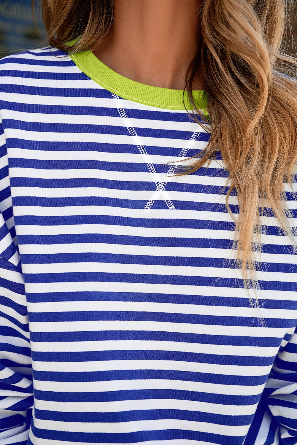 Sky Blue Stripe Striped Contrast Ribbed Trim Drop Shoulder Baggy Sweatshirt