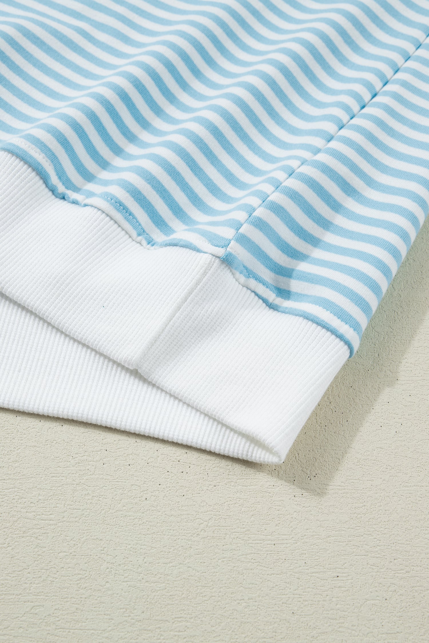 Sky Blue Stripe Cuffed Sleeve Contrast Mock Neck Tee Casual 2pcs Short Set