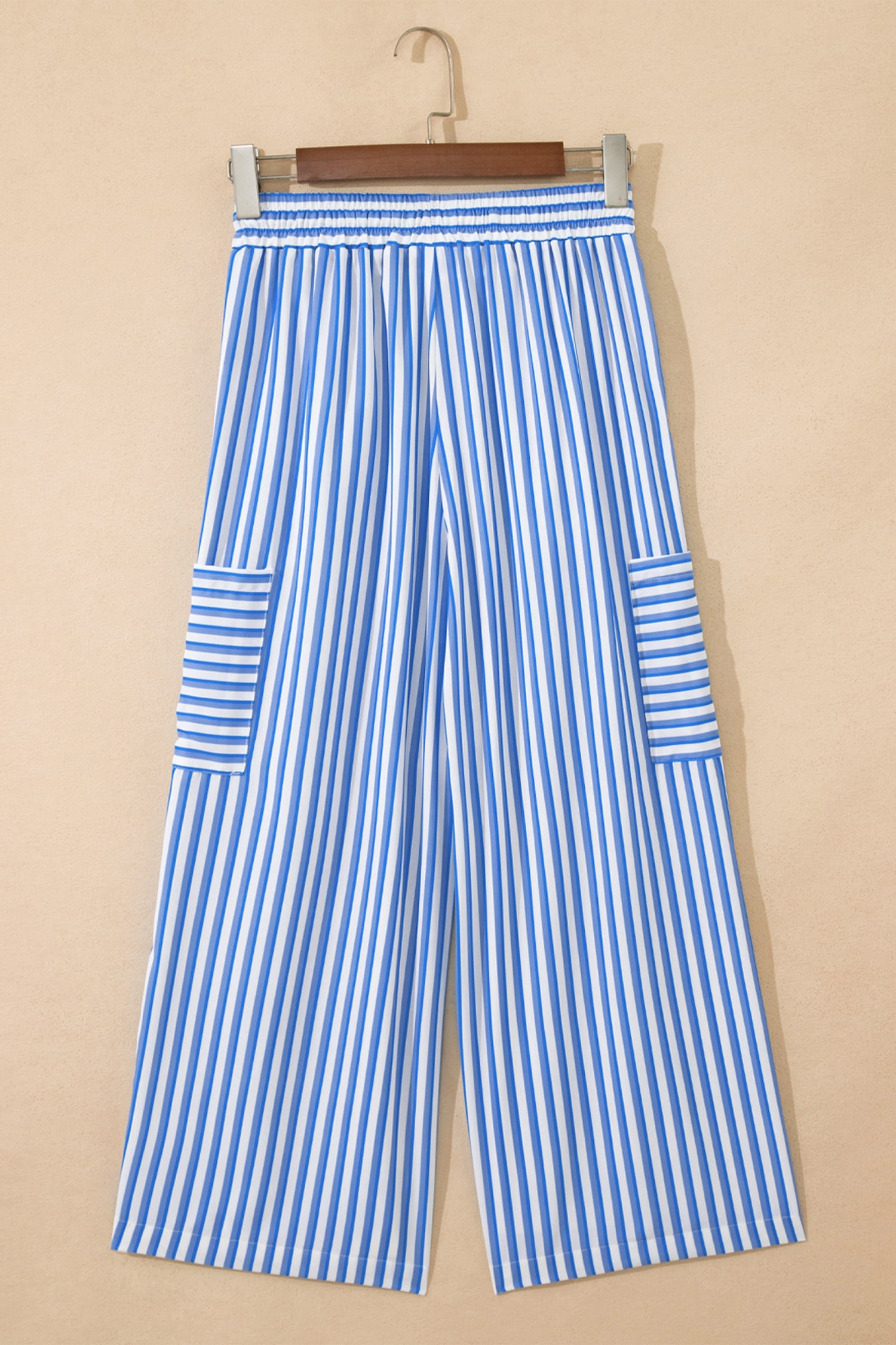 Sky Blue Stripe Drawstring Elastic Waist Patch Pocket Wide Leg Ankle-length Pants