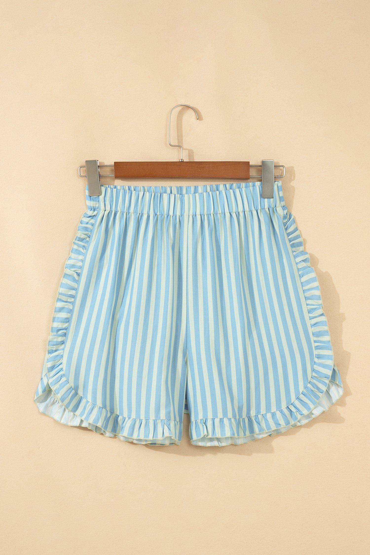 Sky Blue Stripe Elastic Waist Ruffle Trim Casual Shorts