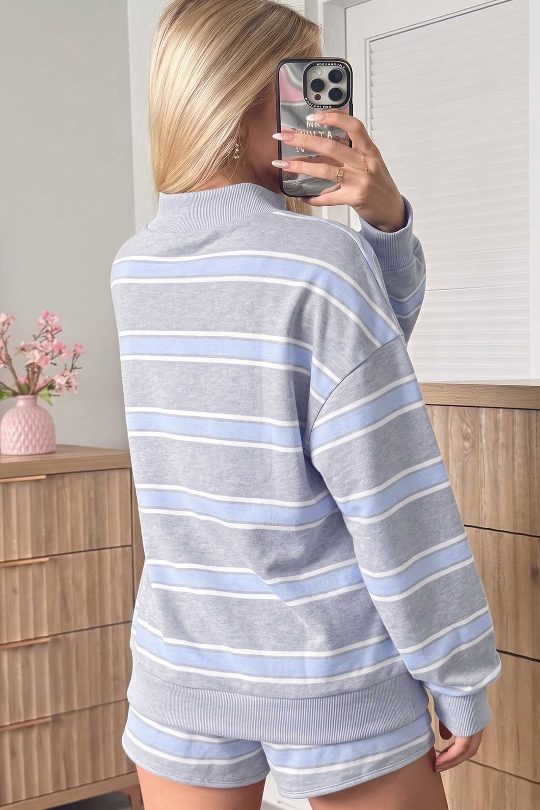 Sky Blue Stripe Exposed Seam Patchwork High Neck Long Sleeve Top and Shorts Set