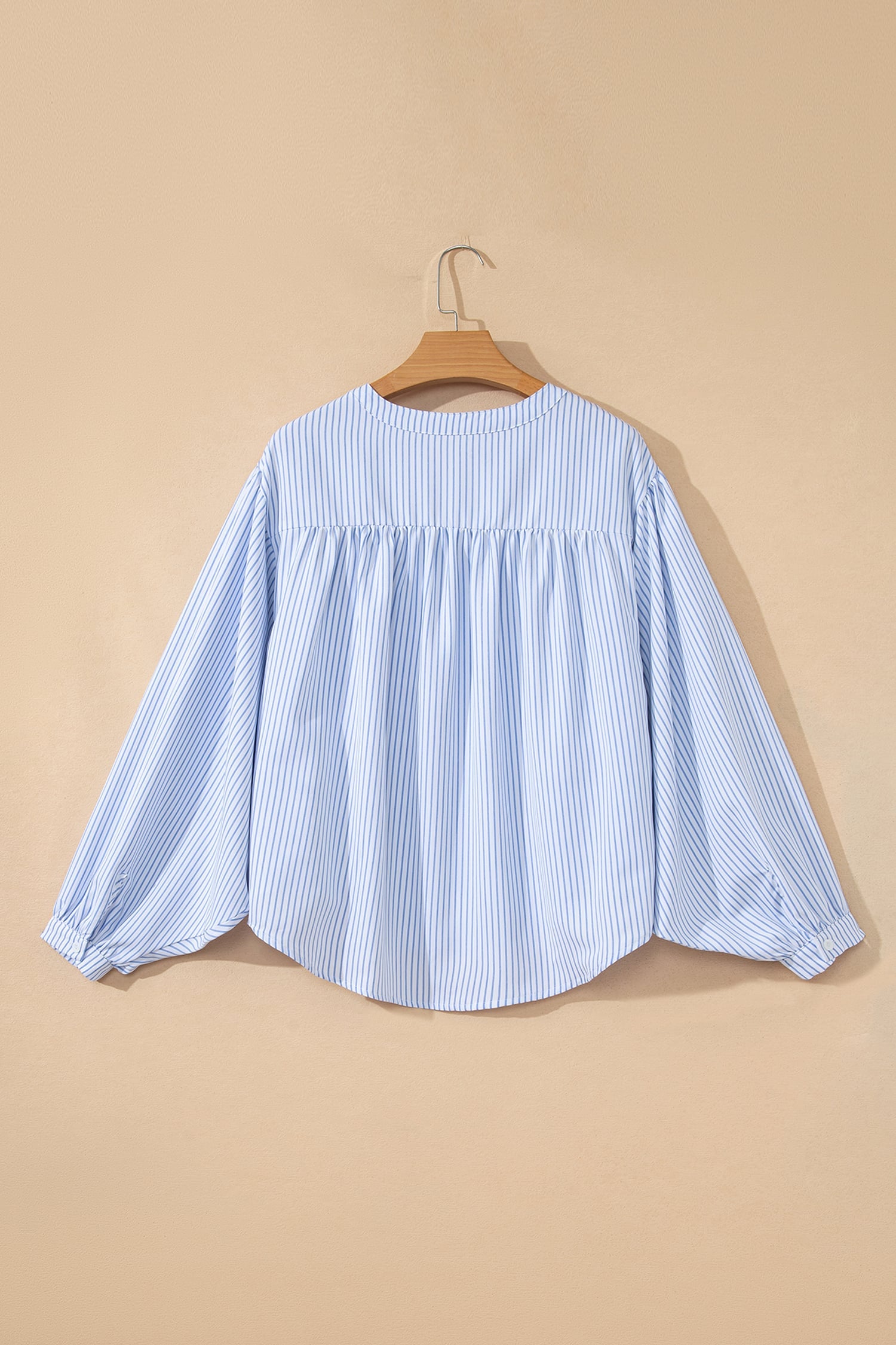 Sky Blue Stripe Floral Embroidered Billowy Sleeve Tunic Baggy Shirt
