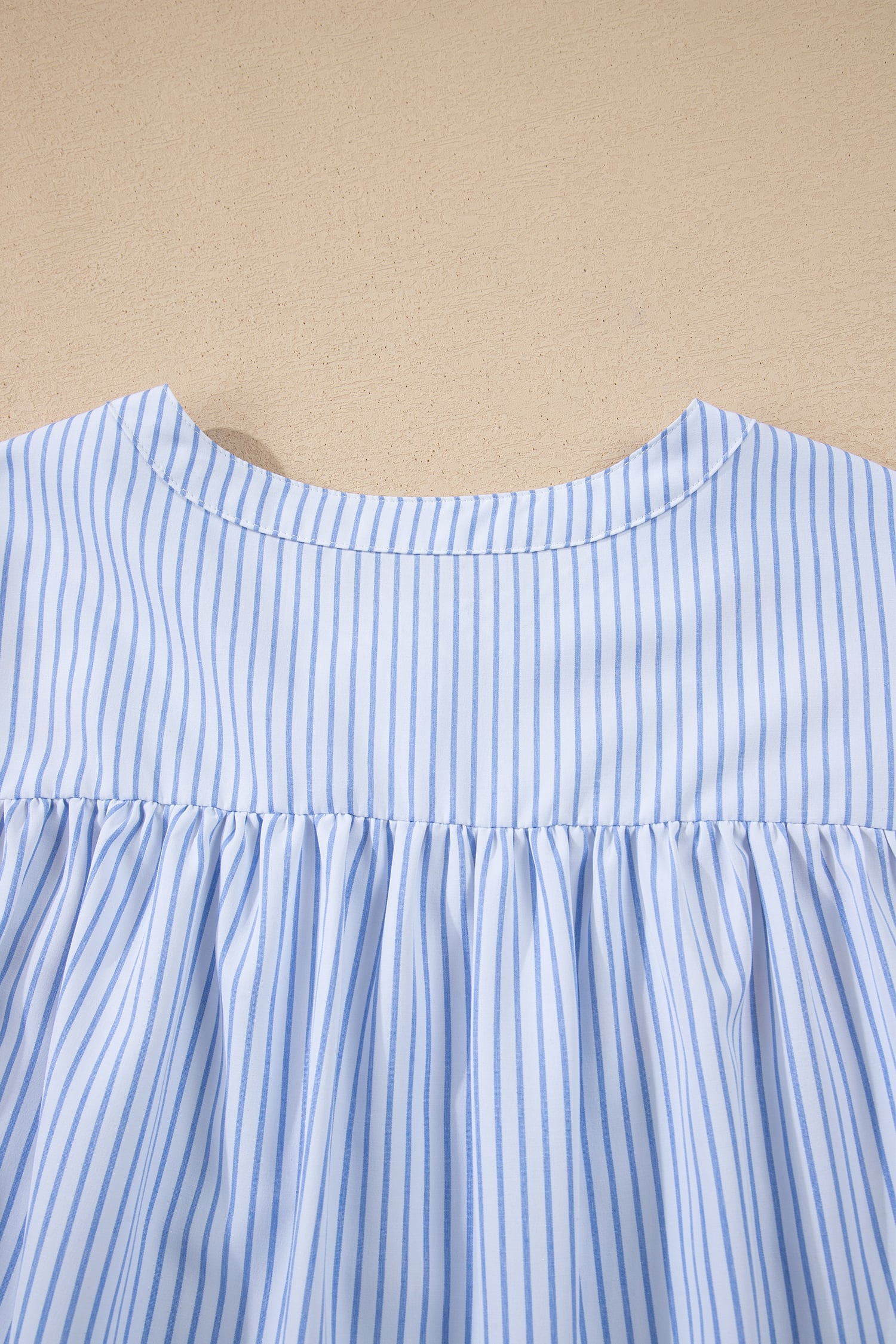 Sky Blue Stripe Floral Embroidered Billowy Sleeve Tunic Baggy Shirt
