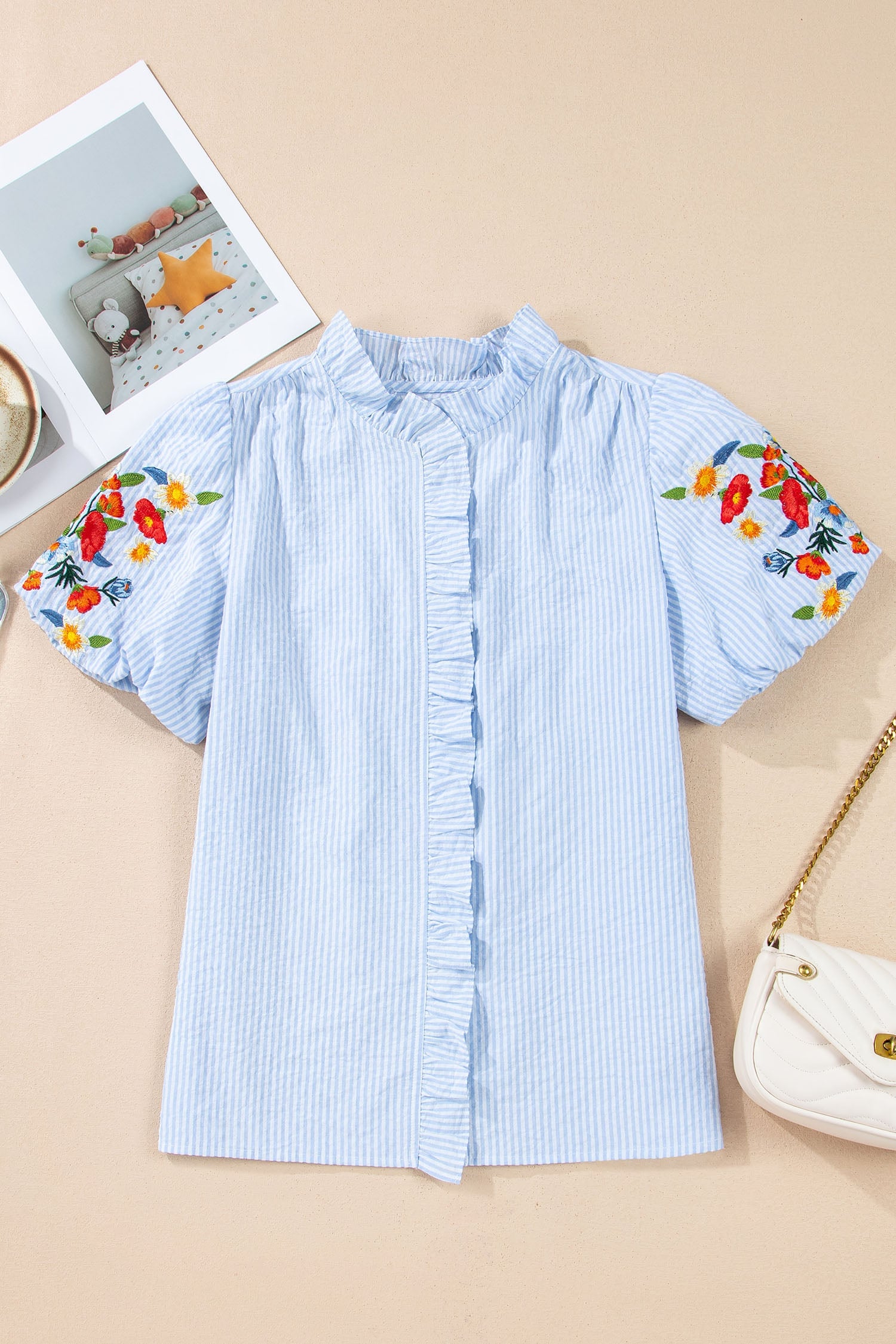 Sky Blue Stripe Floral Embroidered Puff Sleeve Ruffle Trim Shirt