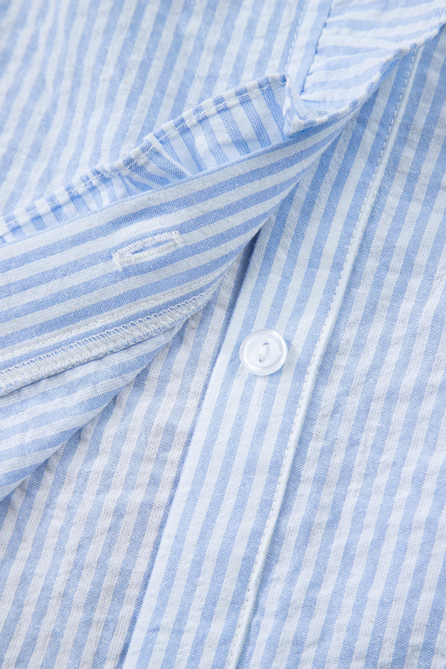 Sky Blue Stripe Floral Embroidered Puff Sleeve Ruffle Trim Shirt
