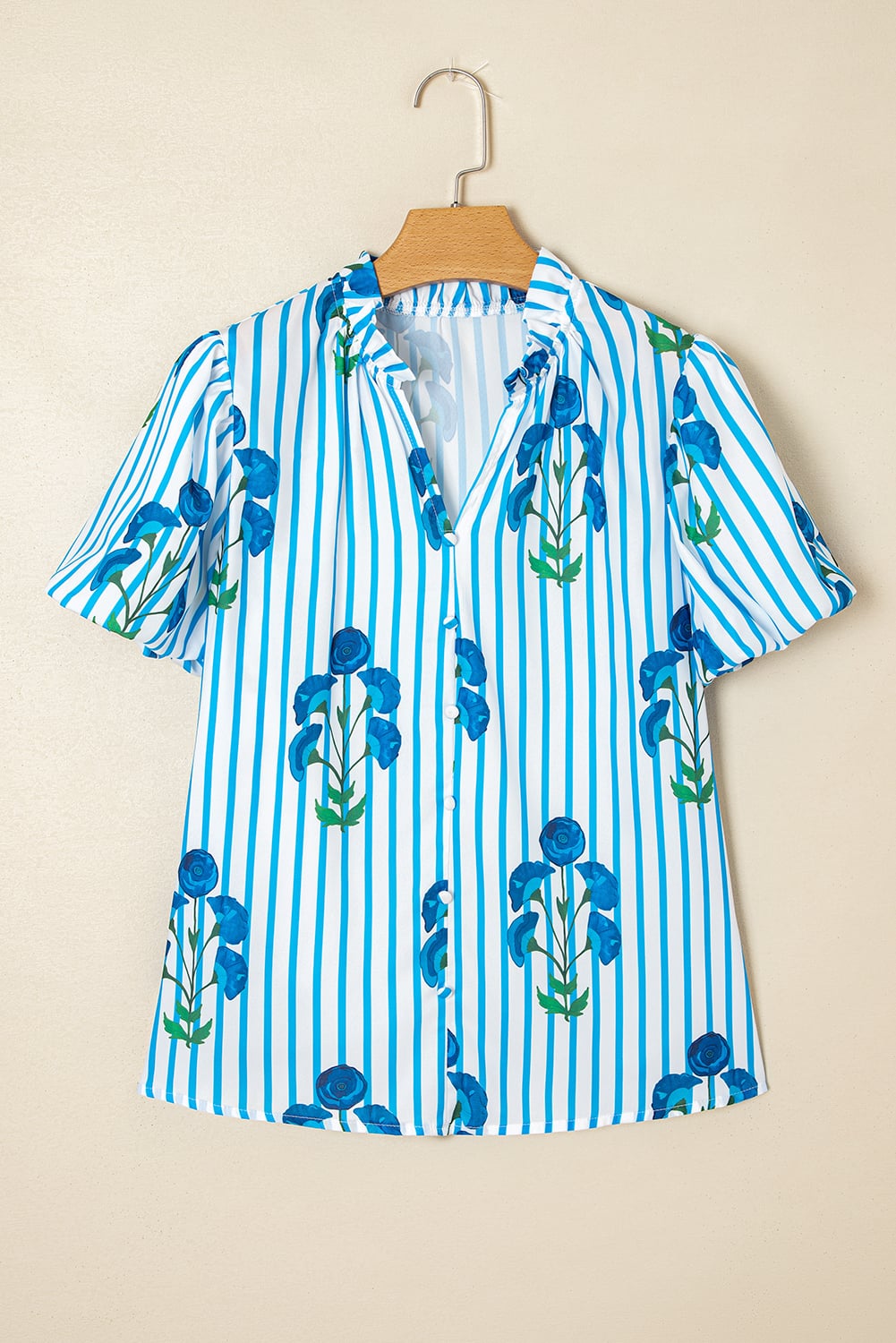 Sky Blue Stripe Floral Buttoned Frilly Notched Neck Puff Sleeve Summer Blouse