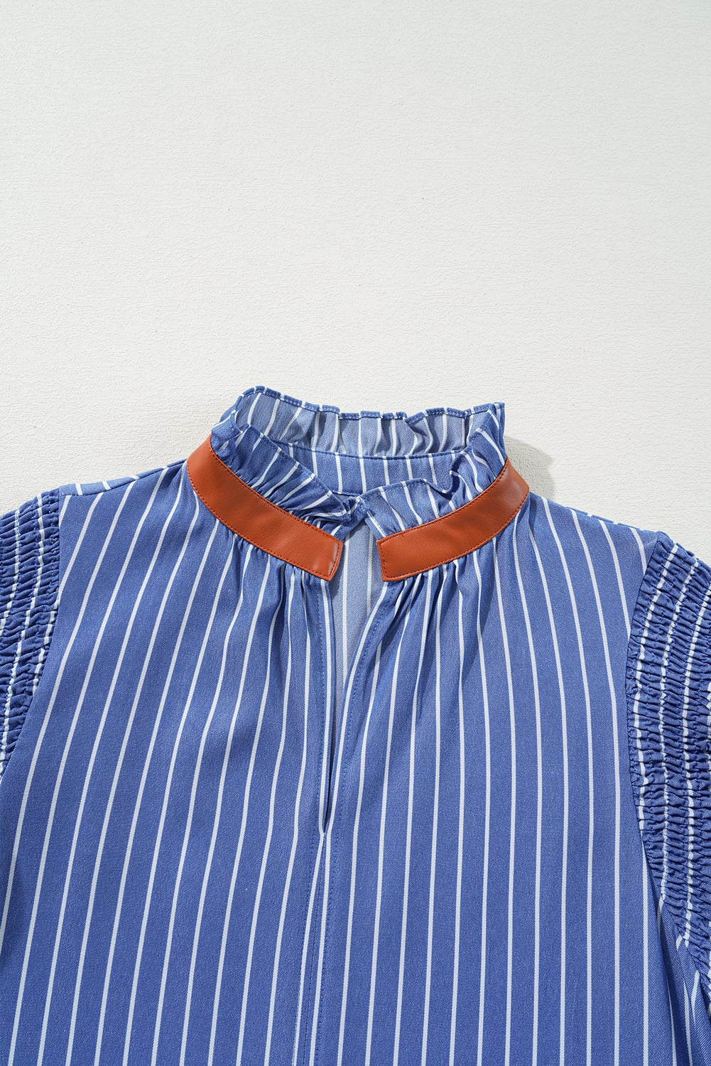 Sky Blue Stripe Frilly Split Neck Shirred Ruffle Sleeve Short Shift Dress