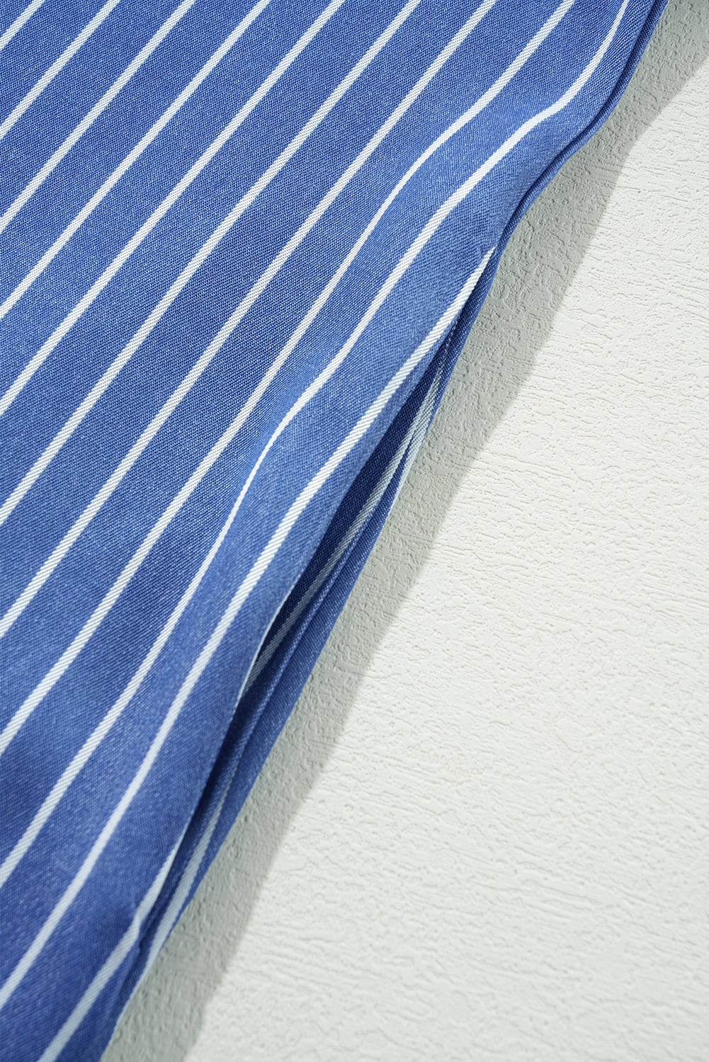 Sky Blue Stripe Frilly Split Neck Shirred Ruffle Sleeve Short Shift Dress