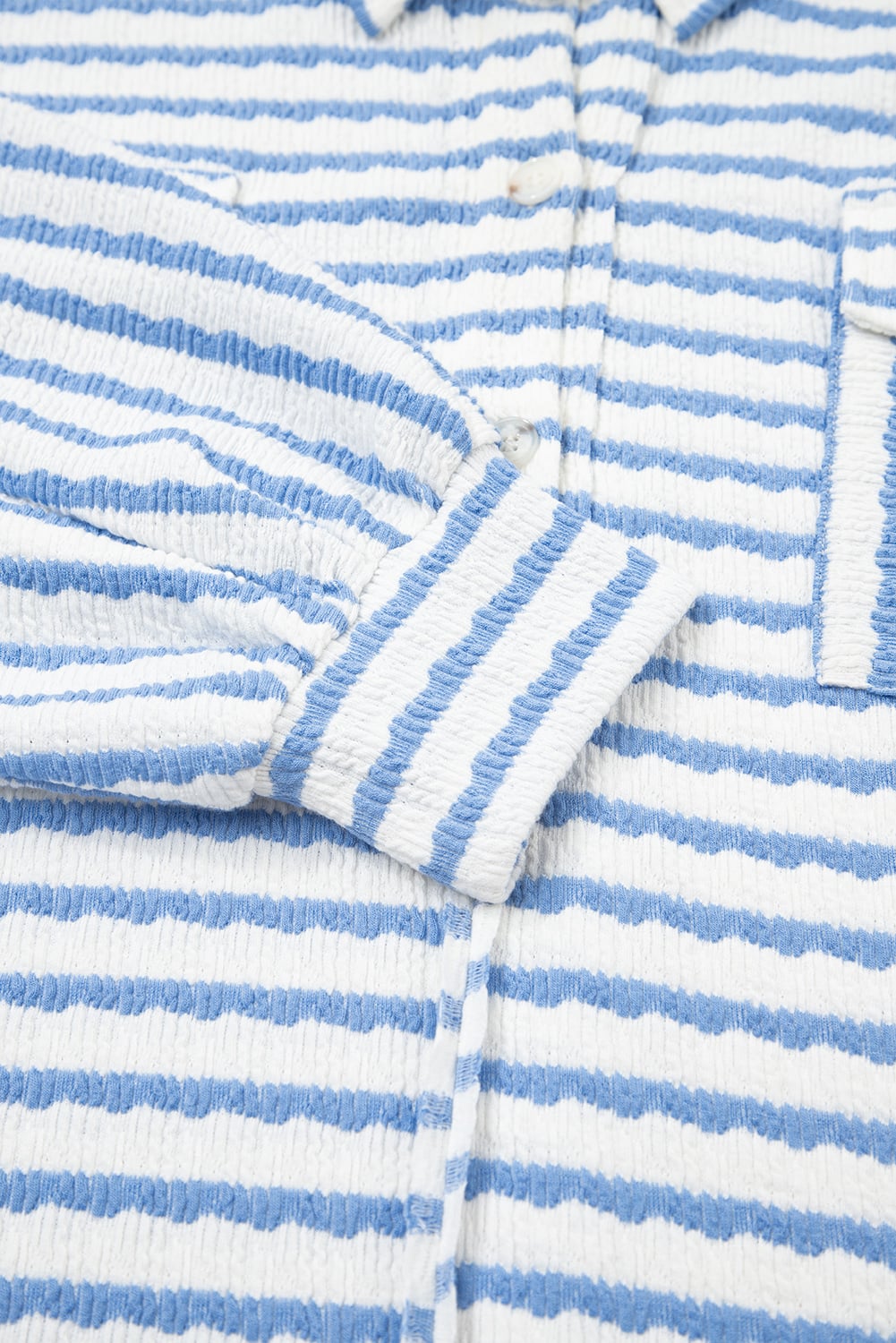 Sky Blue Stripe Half Button Collared Chest Pockets Loose Fit Blouse