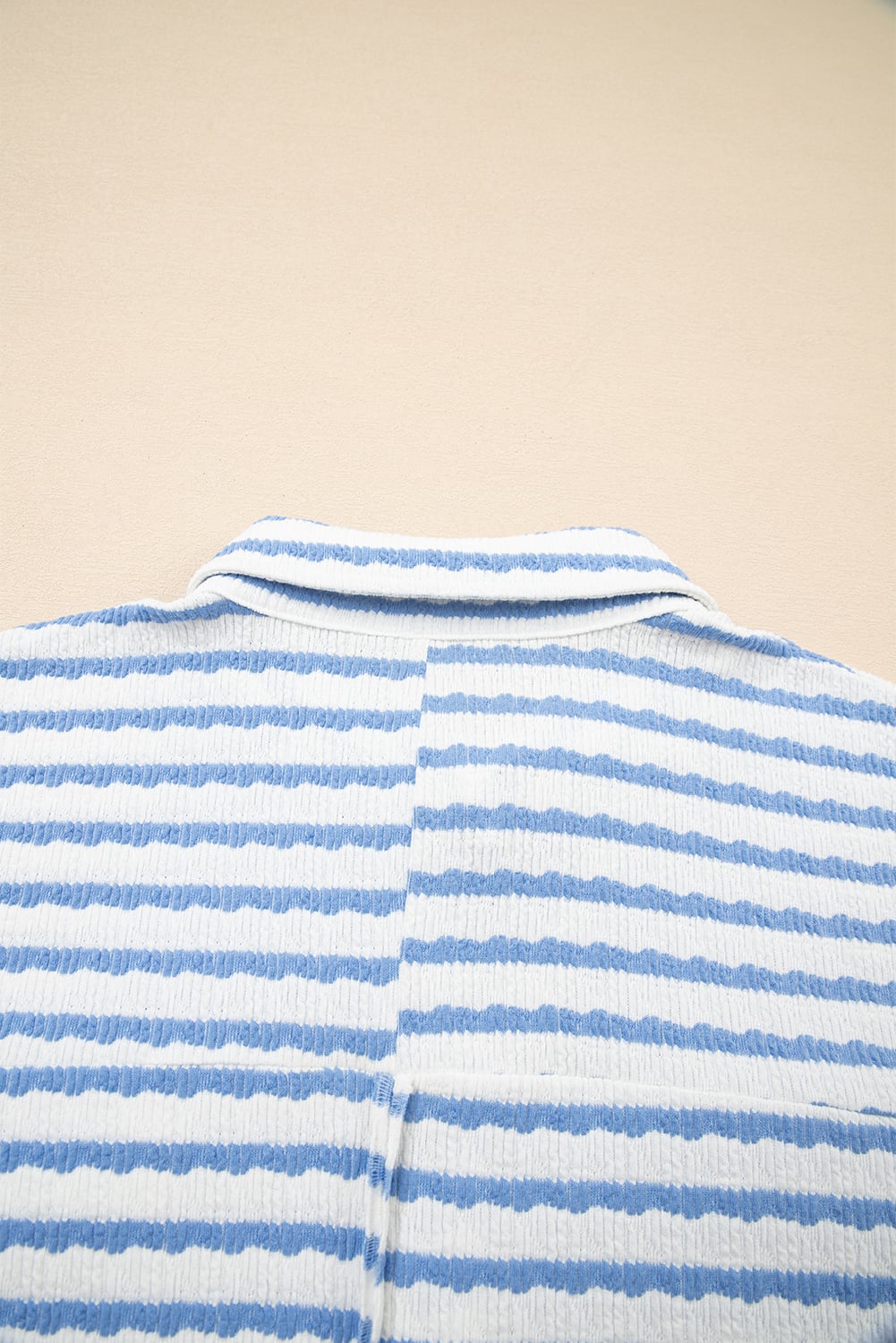 Sky Blue Stripe Half Button Collared Chest Pockets Loose Fit Blouse