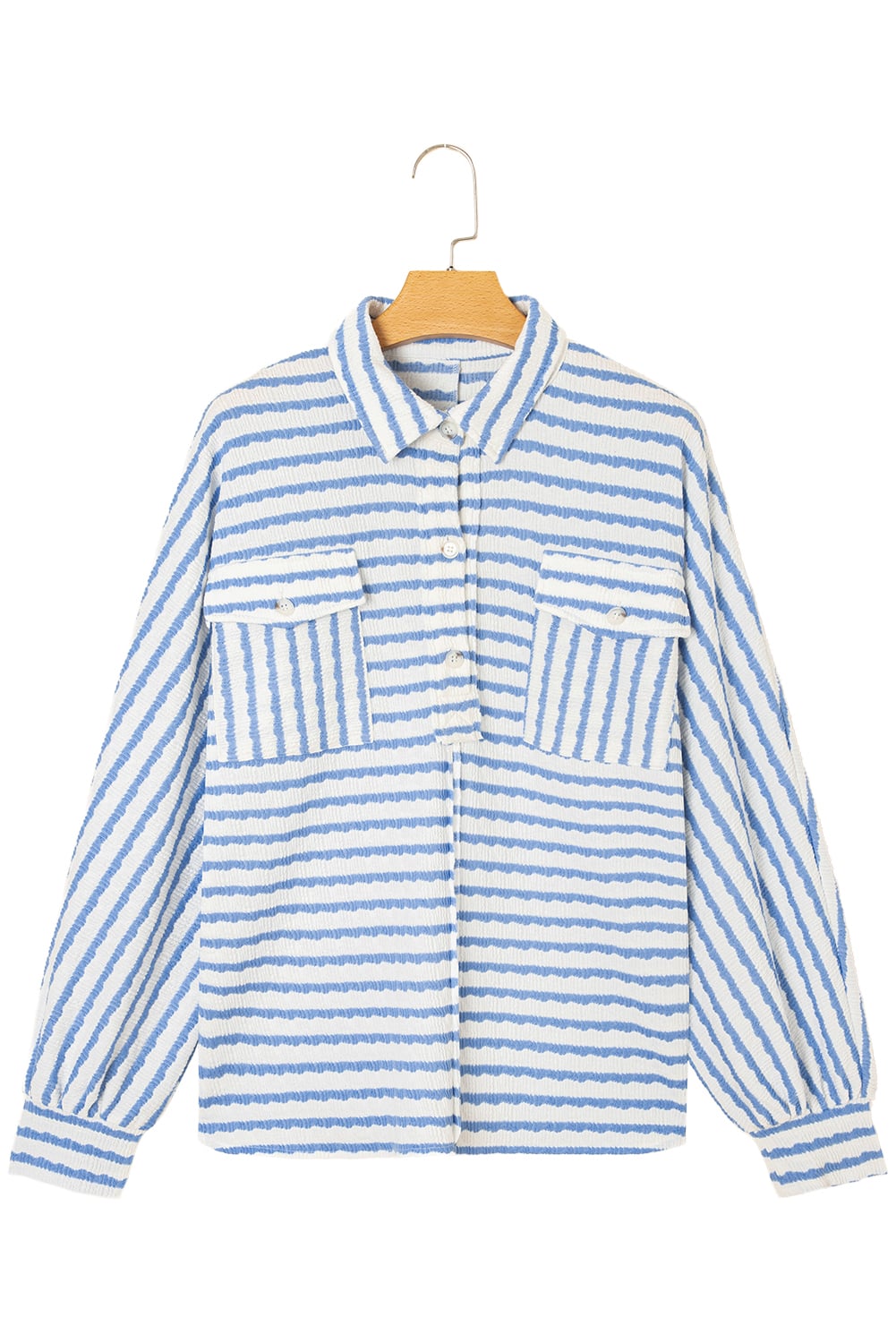 Sky Blue Stripe Half Button Collared Chest Pockets Loose Fit Blouse