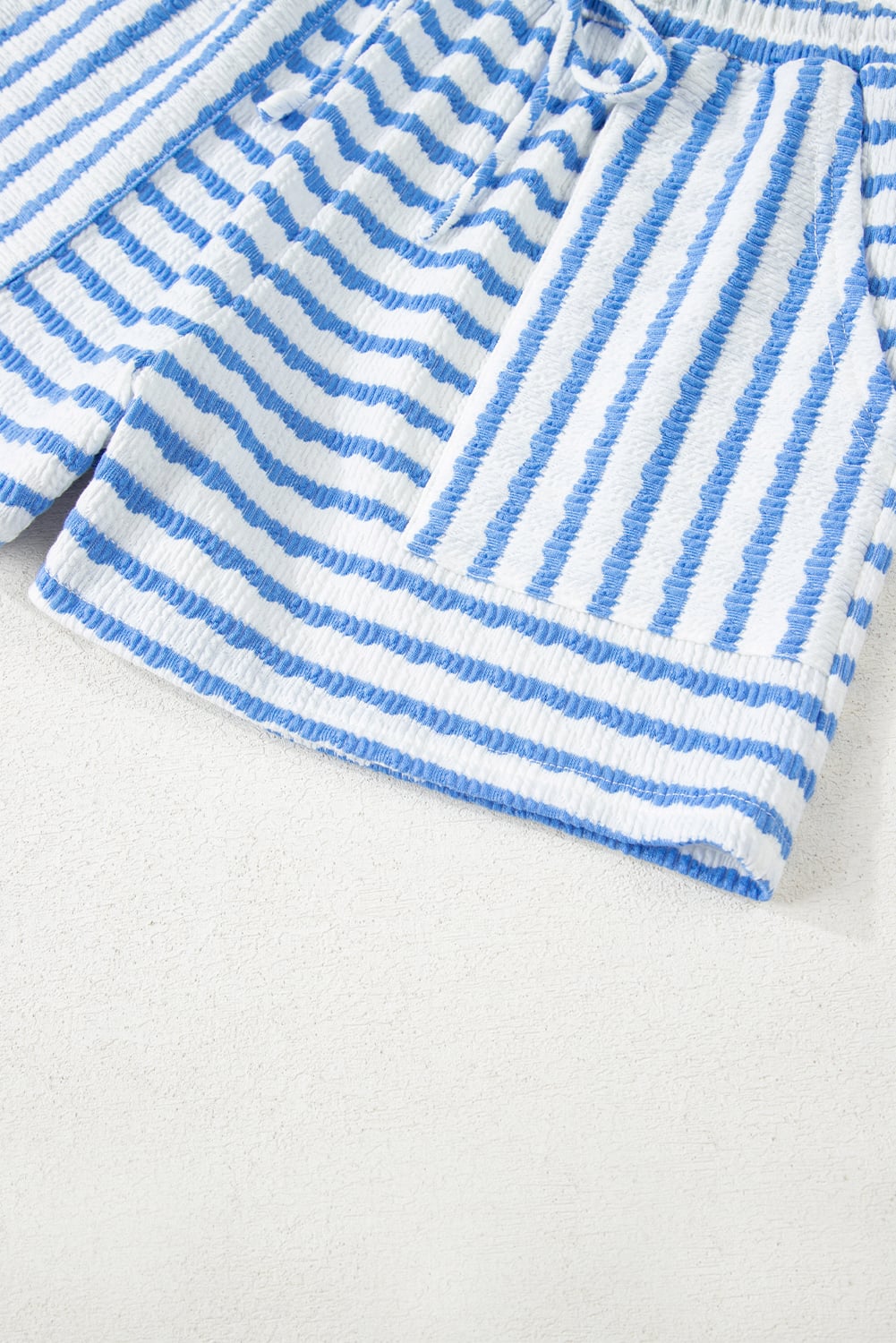 Sky Blue Stripe Knitted Short Sleeve Top and Drawstring Shorts Set