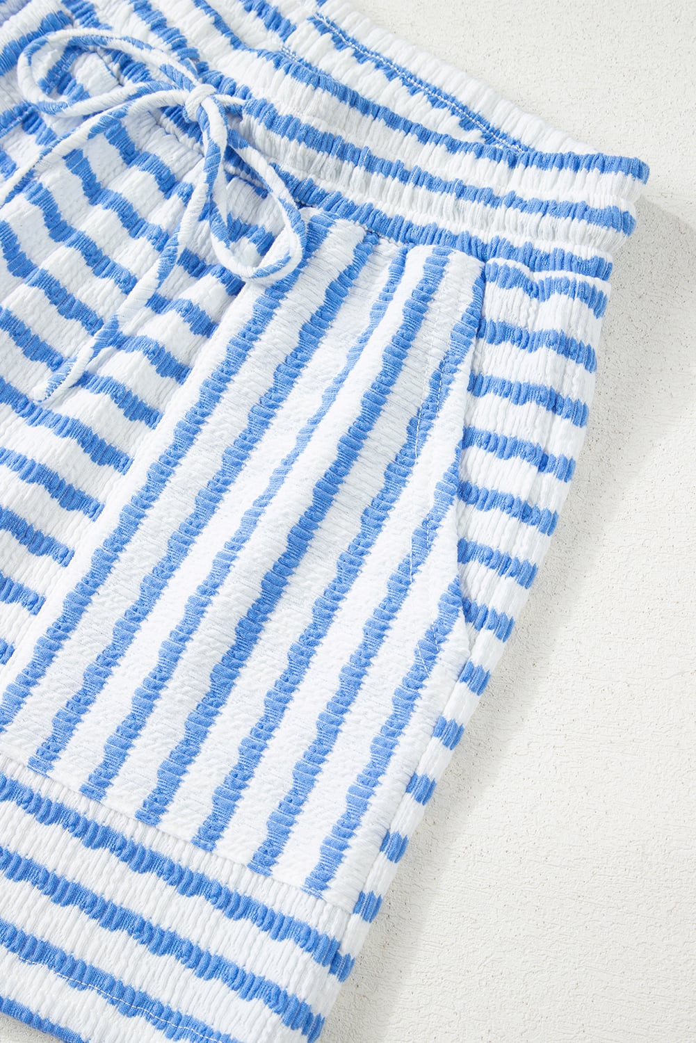 Sky Blue Stripe Knitted Short Sleeve Top and Drawstring Shorts Set
