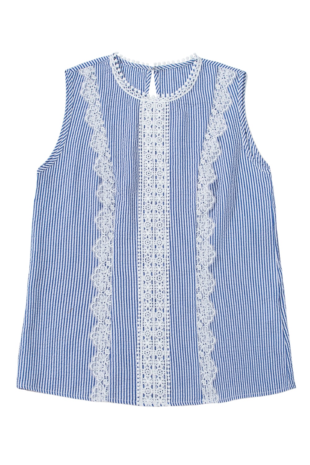 Sky Blue Stripe Lace Patchwork Crew Neck Tank Top