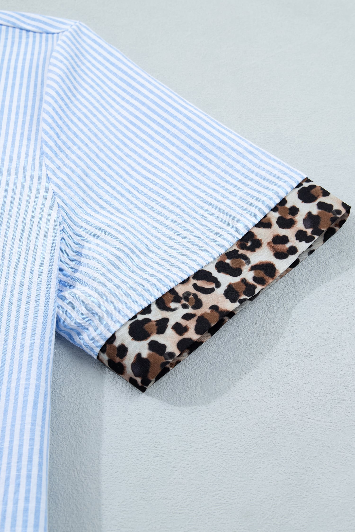 Sky Blue Stripe Leopard Contrast Collar Short Sleeve Shirt