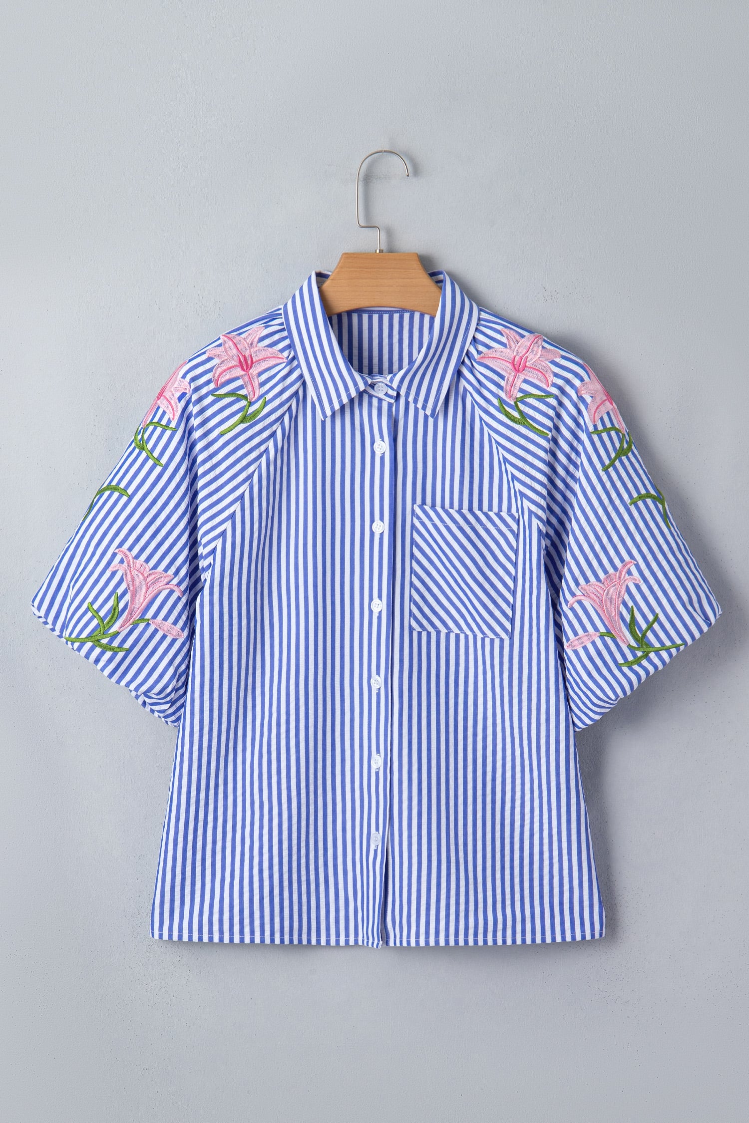 Sky Blue Stripe Lily Floral Embroidered Puff Sleeve Button Down Shirt