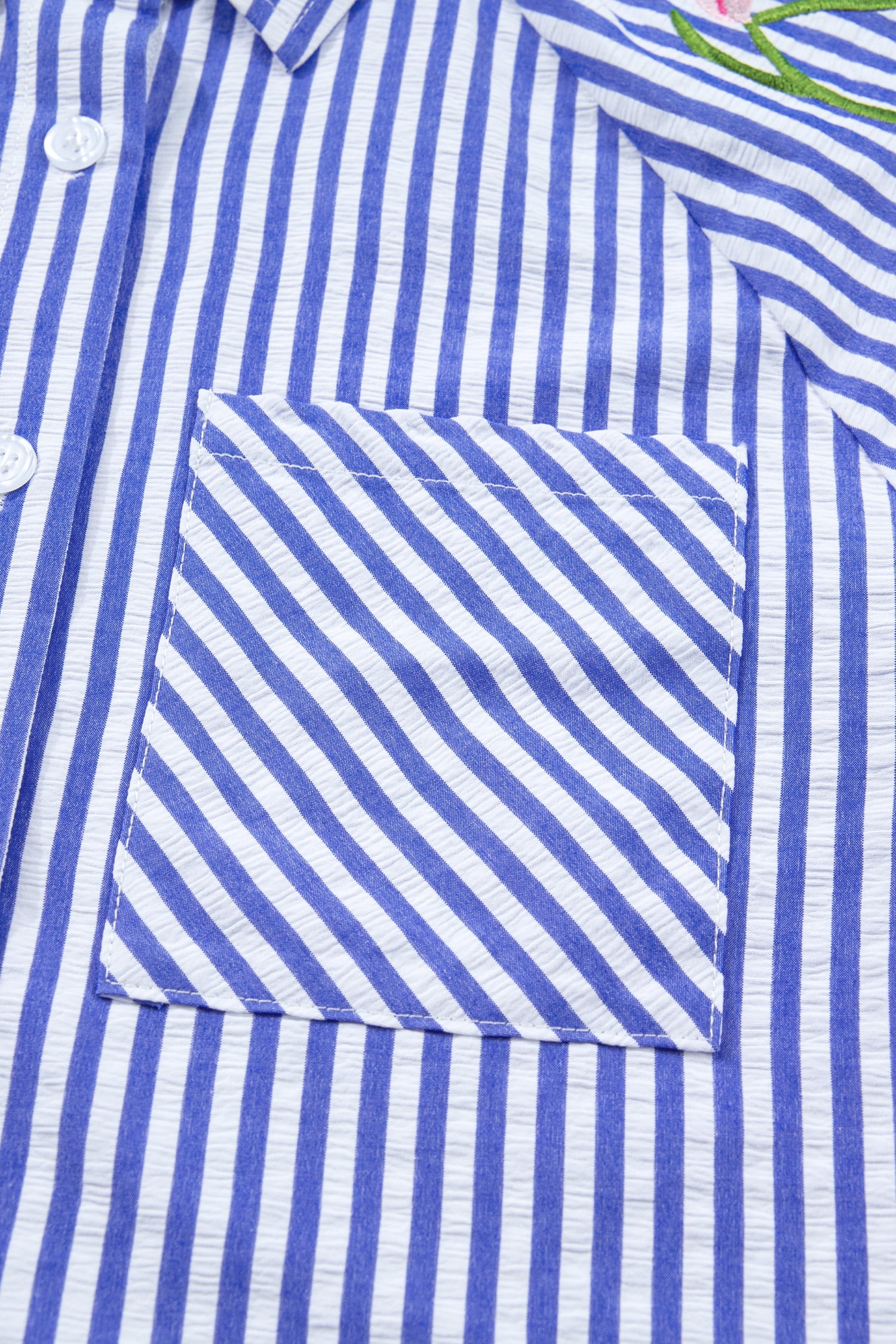 Sky Blue Stripe Lily Floral Embroidered Puff Sleeve Button Down Shirt