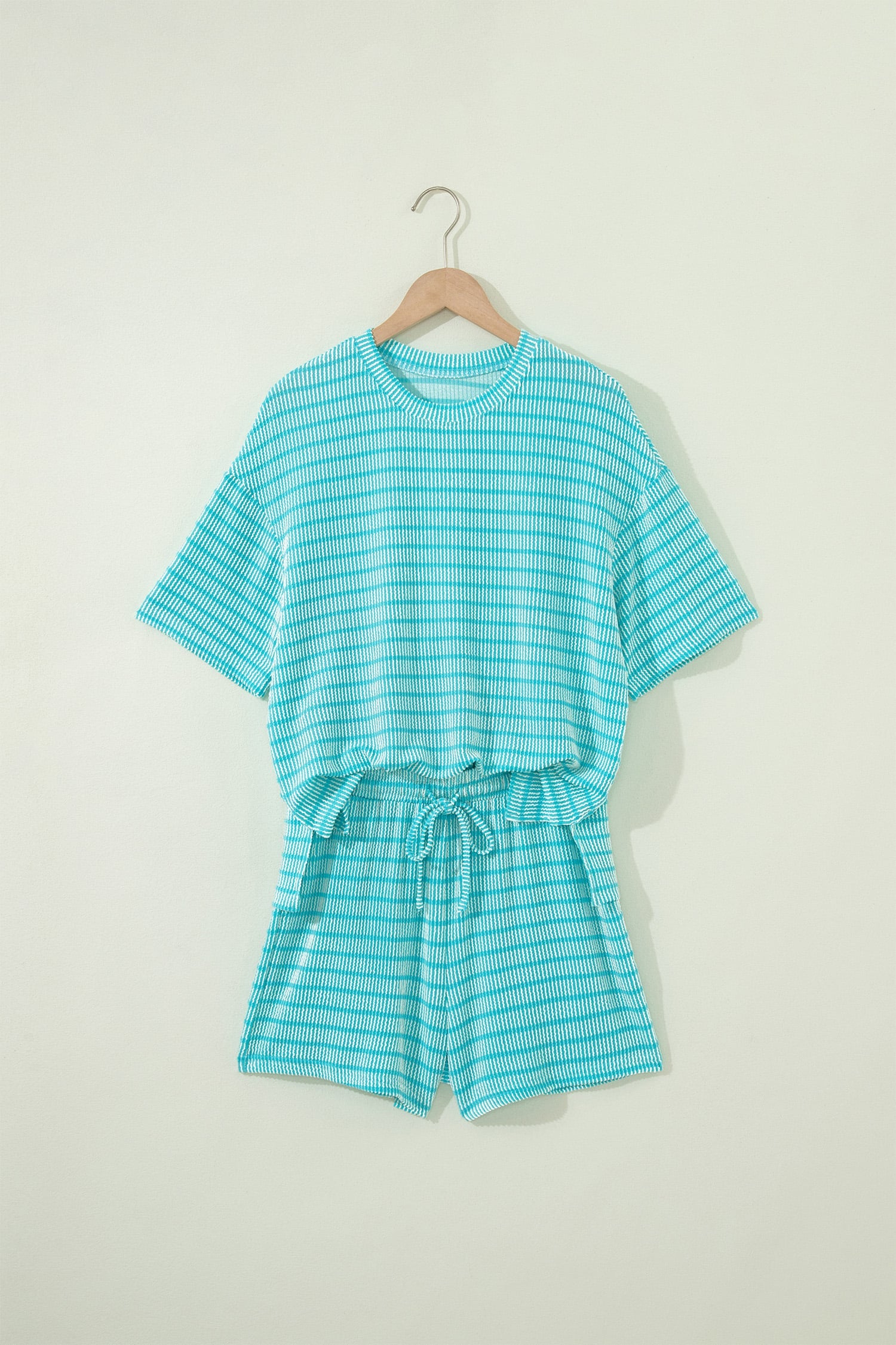Sky Blue Stripe Raised Rib Loose Tee Drawstring Elastic Waist 2pcs Short Set