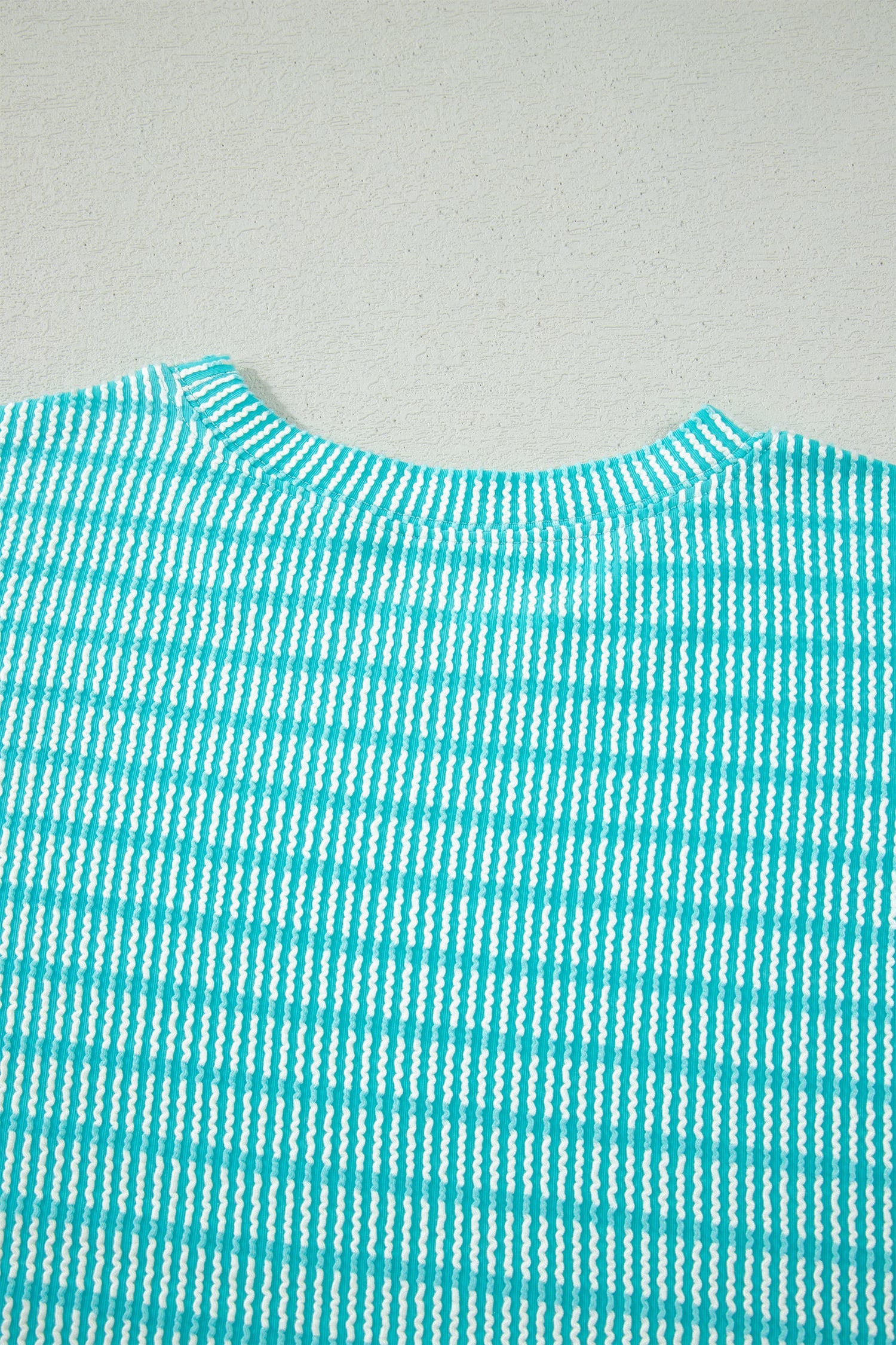 Sky Blue Stripe Raised Rib Loose Tee Drawstring Elastic Waist 2pcs Short Set