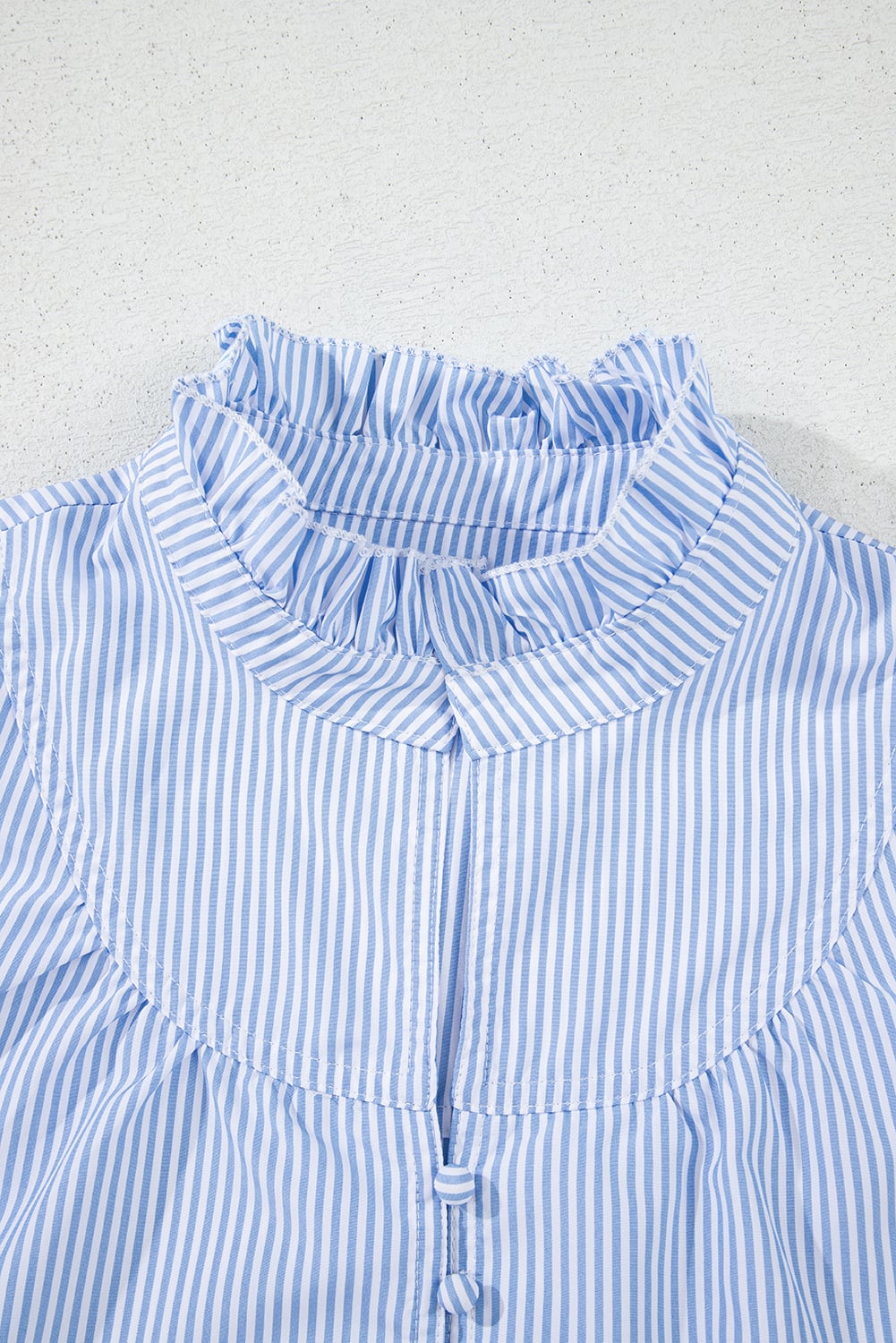 Sky Blue Stripe Ruffled Collar Puff Sleeve Half Buttons Blouse