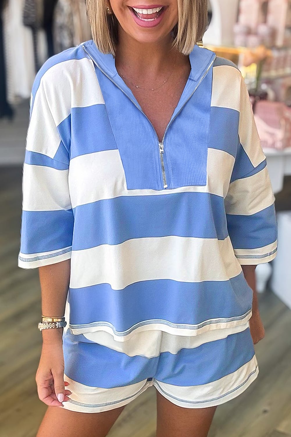Sky Blue Stripe Half Zipper Placket Bracelet Sleeve Top Casual Shorts Set