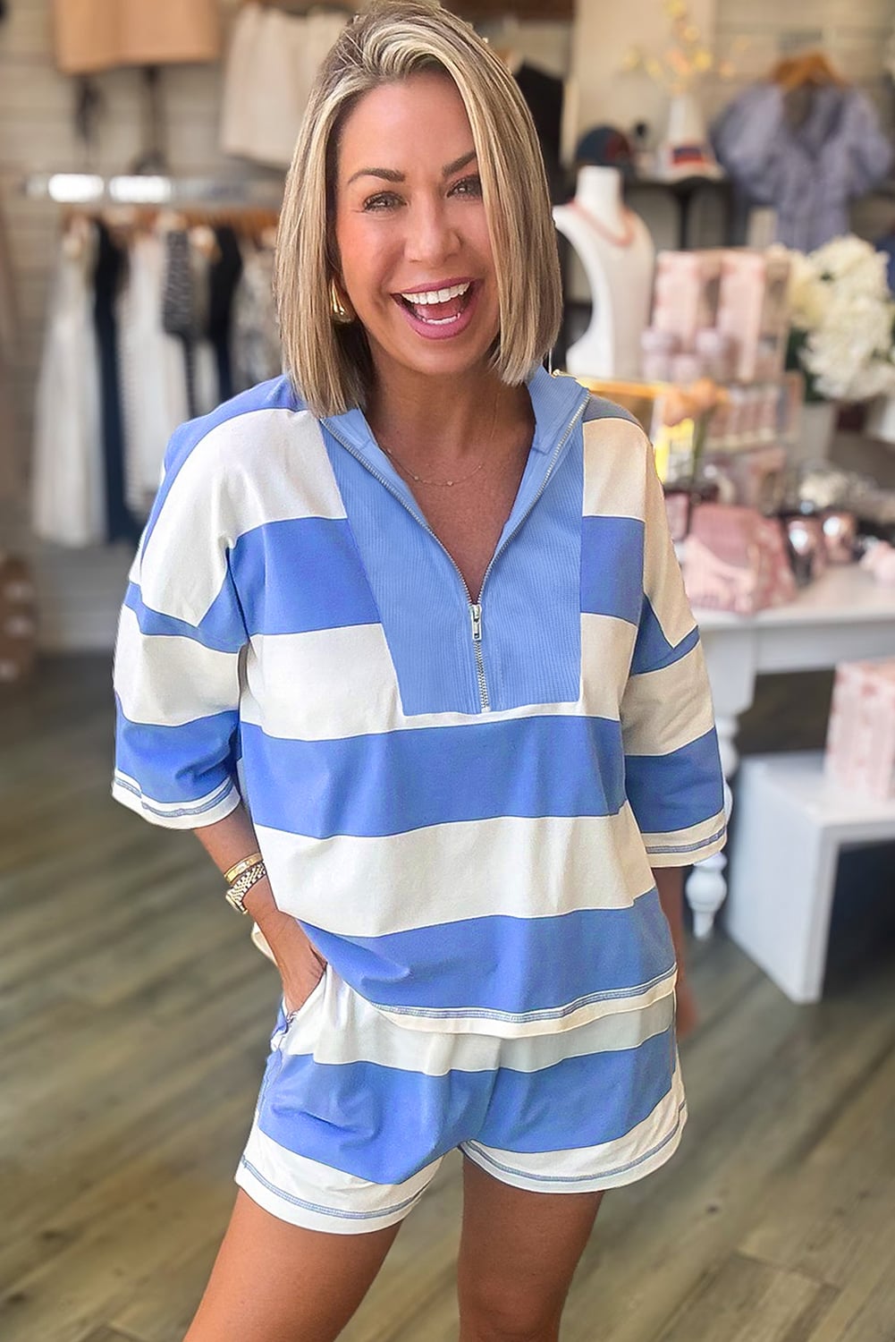 Sky Blue Stripe Half Zipper Placket Bracelet Sleeve Top Casual Shorts Set