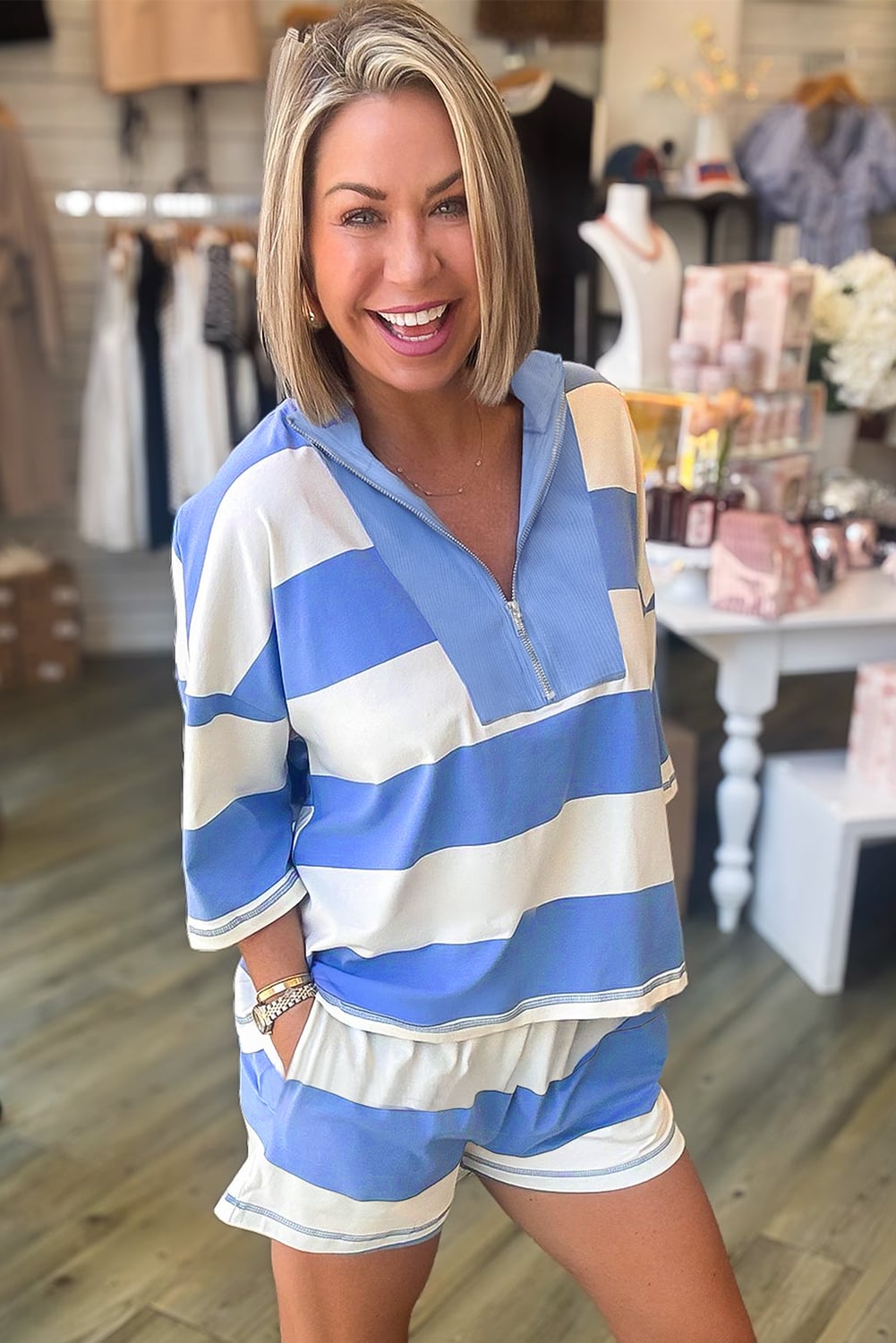 Sky Blue Stripe Half Zipper Placket Bracelet Sleeve Top Casual Shorts Set