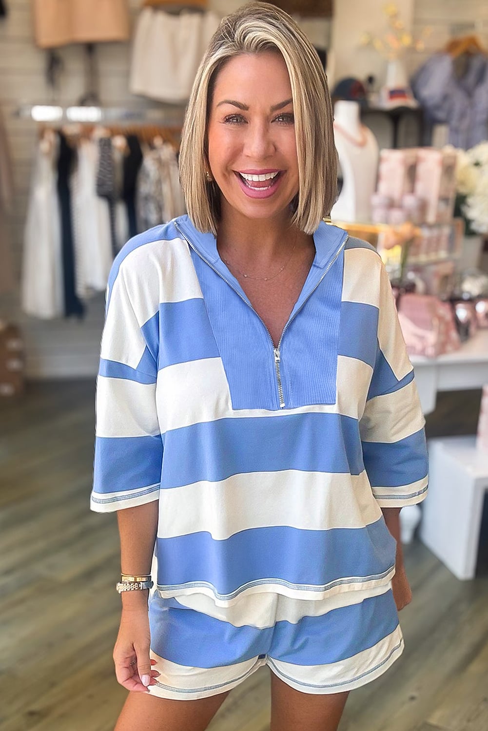 Sky Blue Stripe Half Zipper Placket Bracelet Sleeve Top Casual Shorts Set