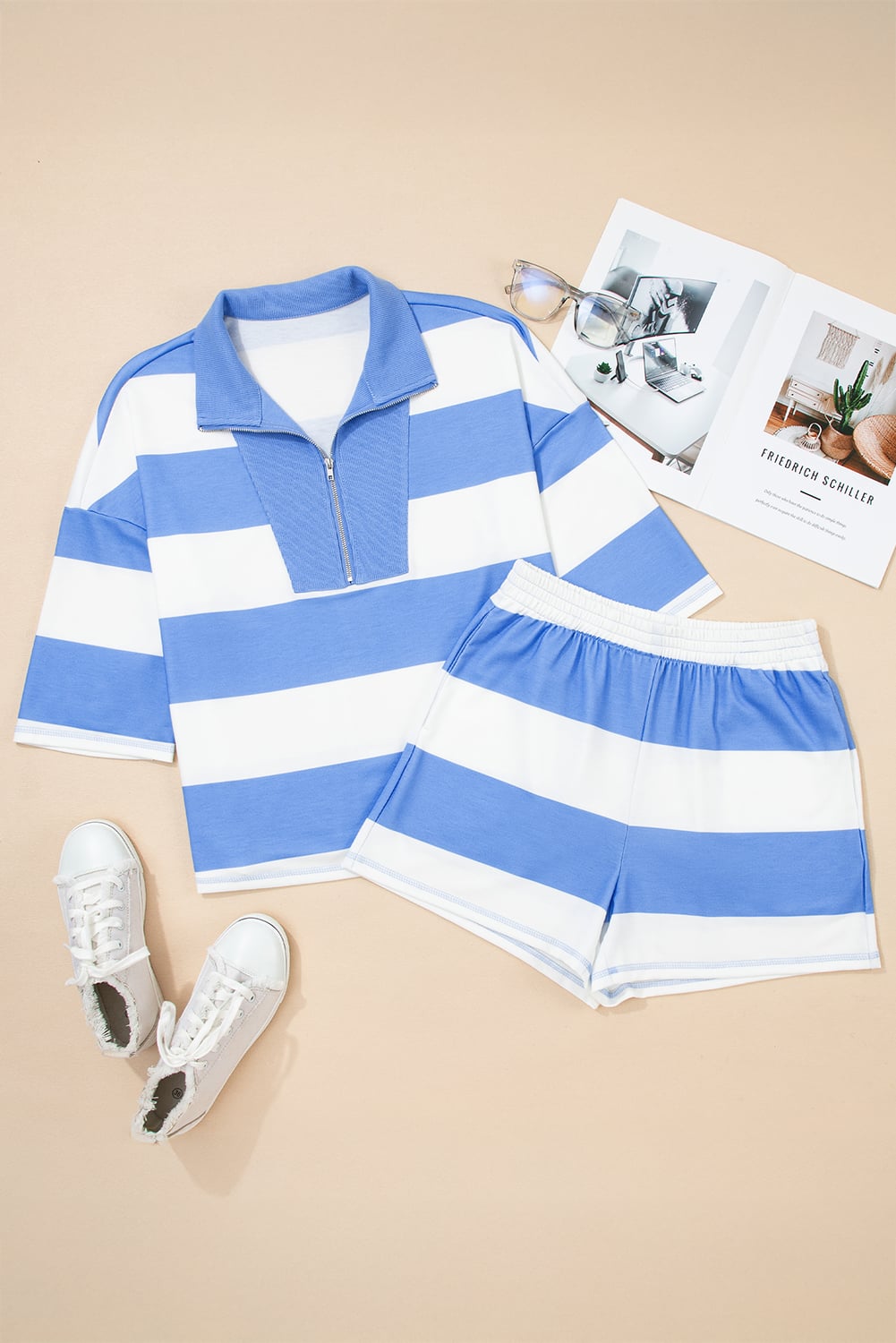 Sky Blue Stripe Half Zipper Placket Bracelet Sleeve Top Casual Shorts Set