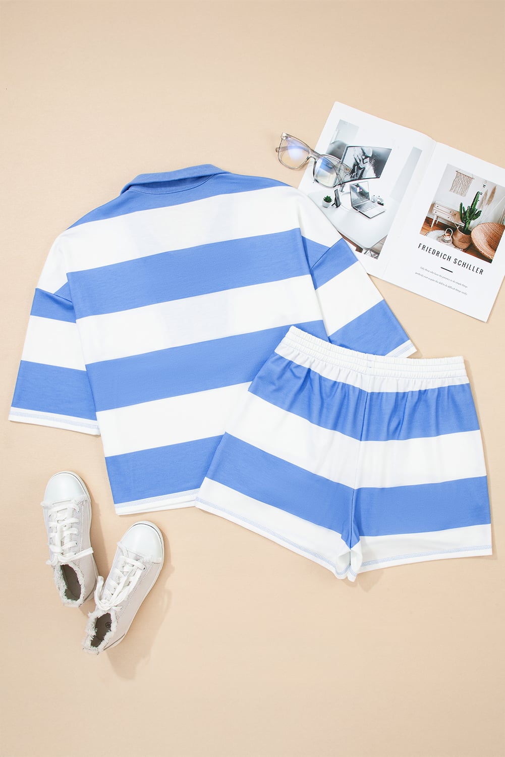 Sky Blue Stripe Half Zipper Placket Bracelet Sleeve Top Casual Shorts Set