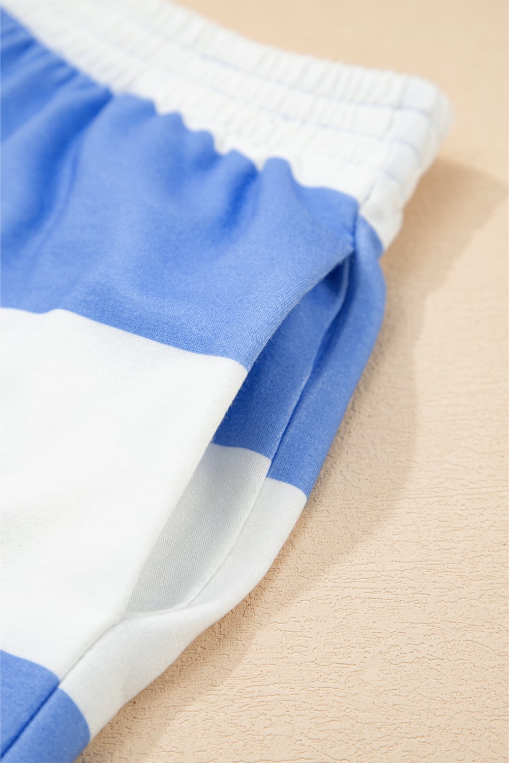 Sky Blue Stripe Half Zipper Placket Bracelet Sleeve Top Casual Shorts Set