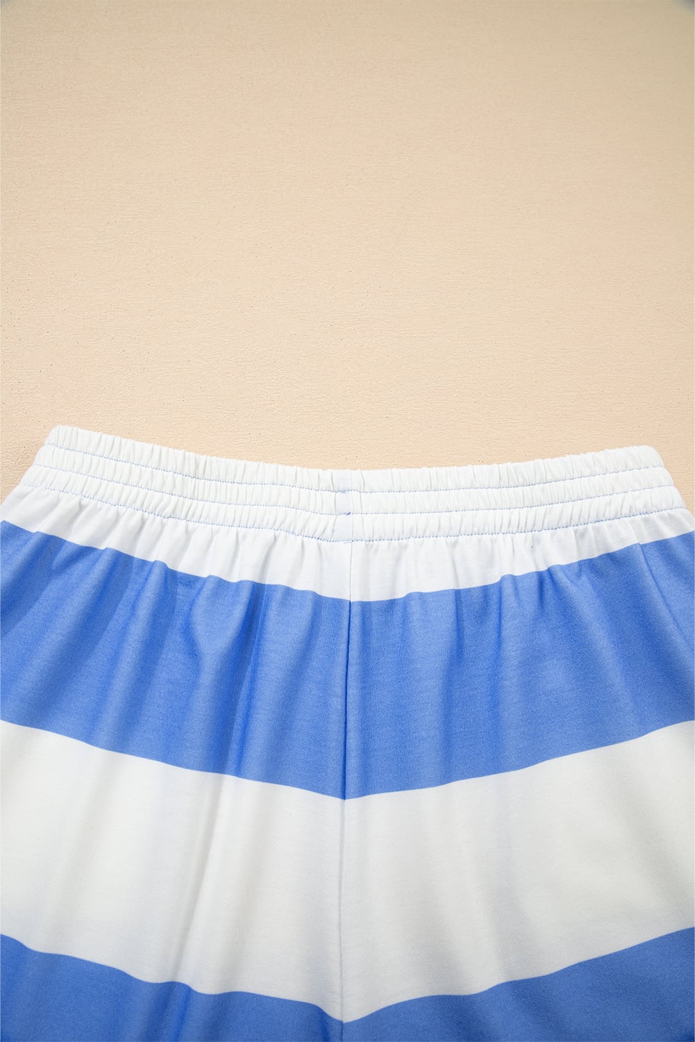 Sky Blue Stripe Half Zipper Placket Bracelet Sleeve Top Casual Shorts Set