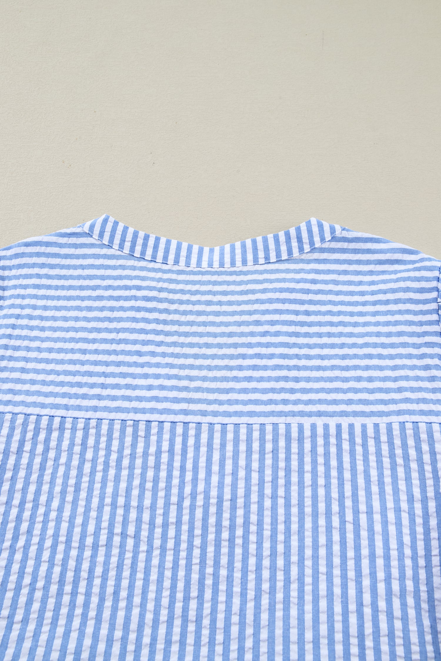 Sky Blue Stripe Seersucker Textured Notched Neck Long Puff Sleeve Tiered Curvy Dress