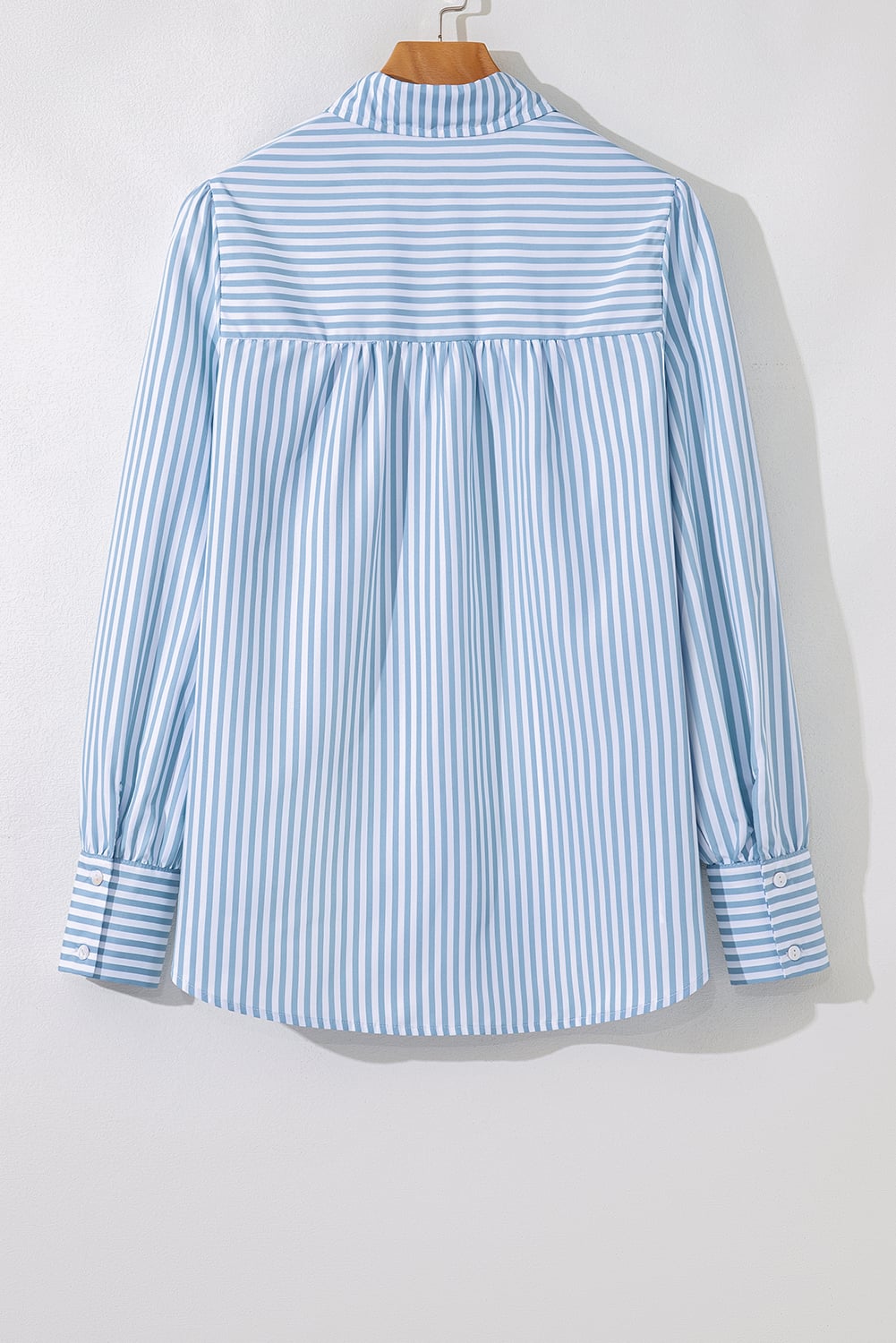 Sky Blue Stripe Shirred Detail Half Placket Collared Long Sleeve Fall Shirt