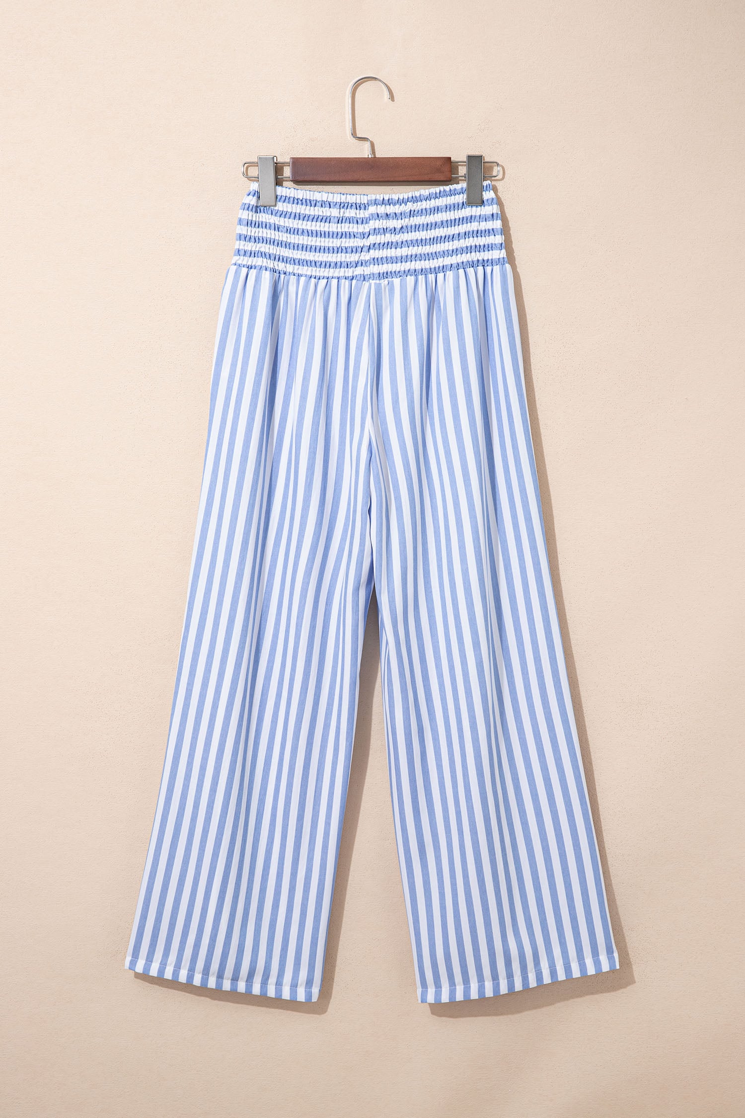 Sky Blue Stripe Shirred High Waist Loose Summer Pants