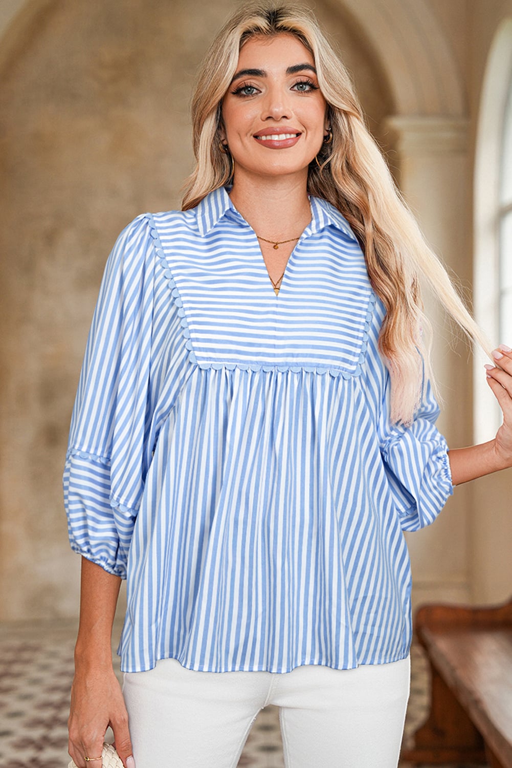 Sky Blue Stripe Shirt Collar V Neck Ricrac Trim 3/4 Puff Sleeve Blouse