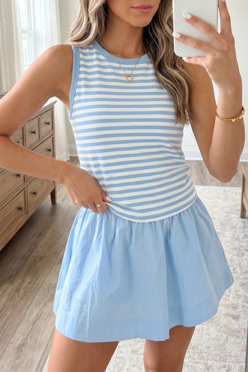 Sky Blue Stripe Slim Tank Contrast Ruffle Mini Skort Set
