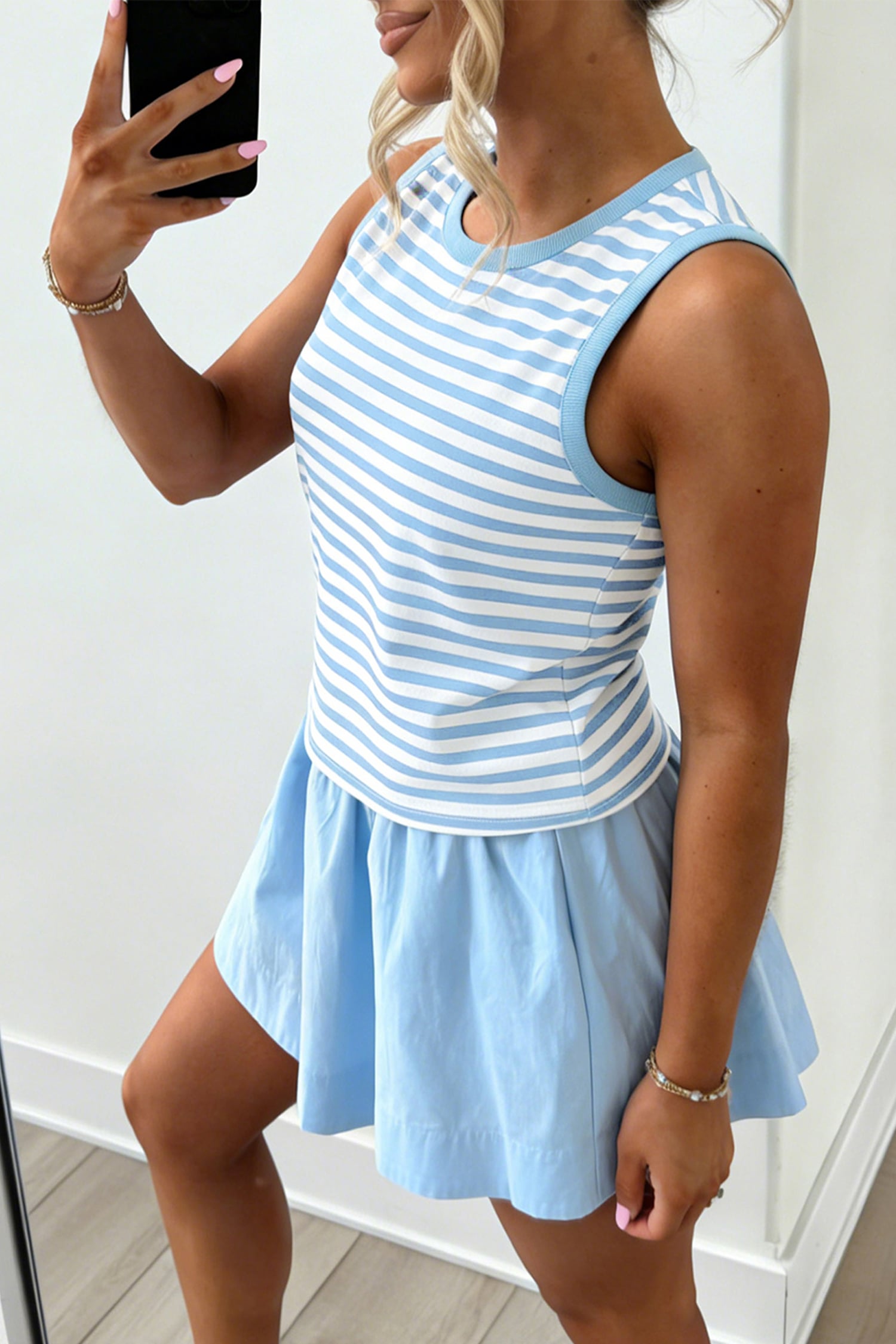Sky Blue Stripe Slim Tank Contrast Ruffle Mini Skort Set