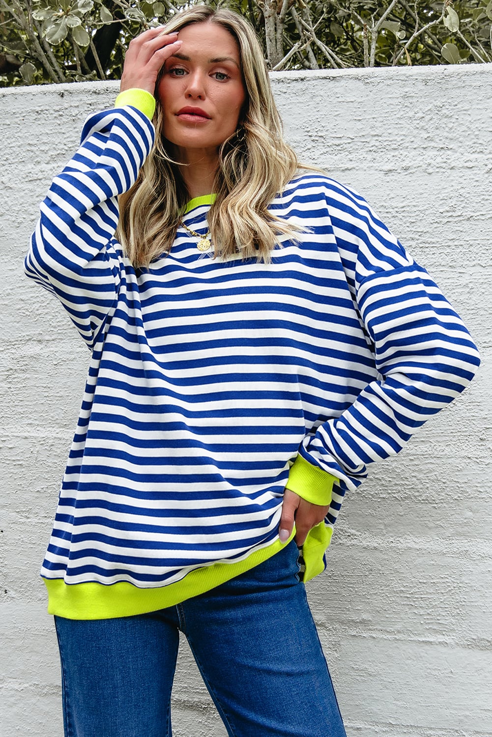 Sky Blue Stripe Striped Contrast Ribbed Trim Crossed Stitch Drop Shoulder Sweatshirt
