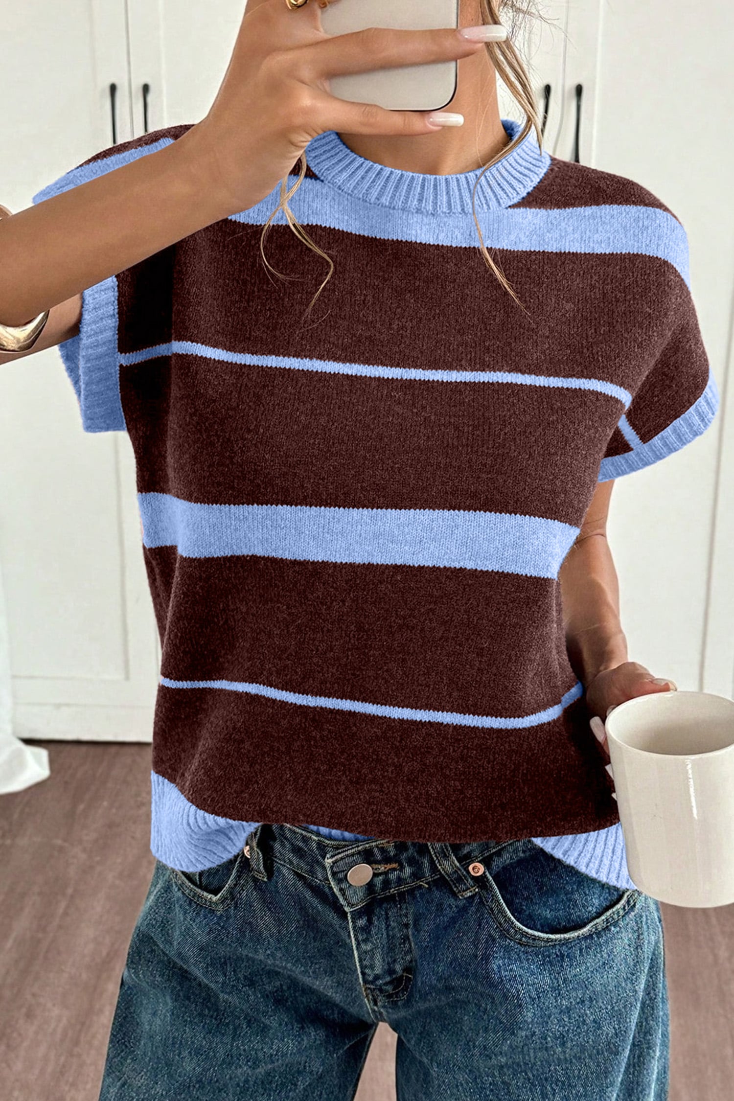 Sky Blue Stripe Striped Short Sleeve Round Neck Casual Knit Top
