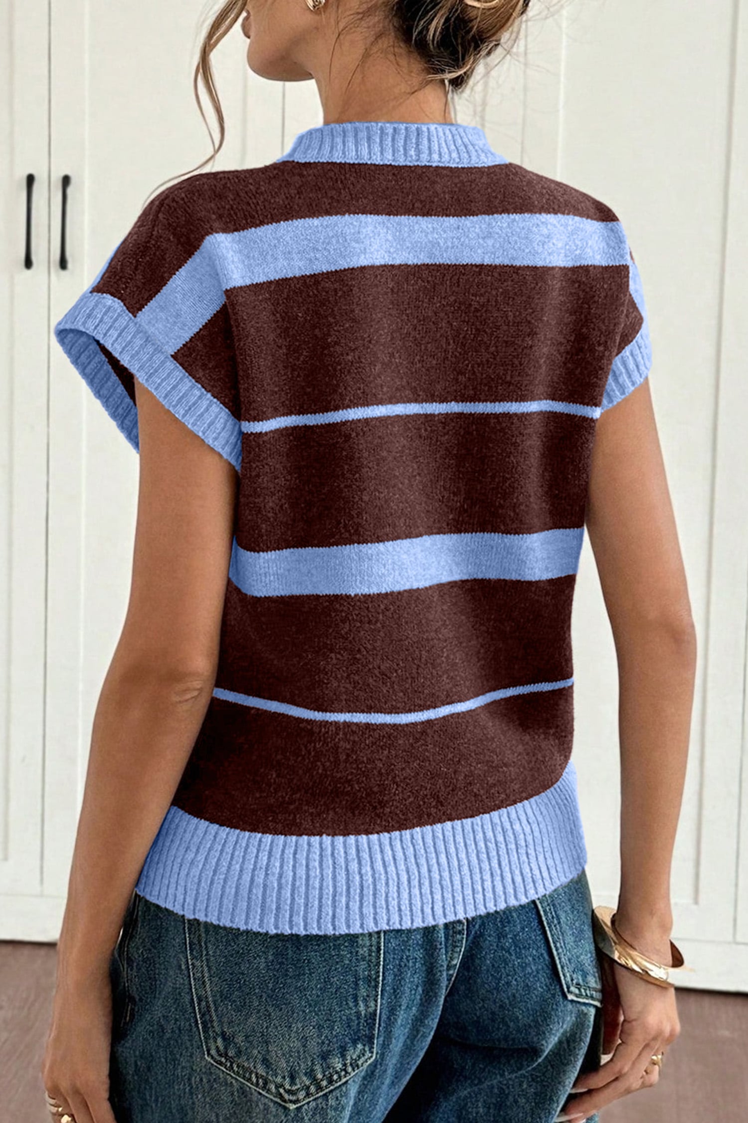 Sky Blue Stripe Striped Short Sleeve Round Neck Casual Knit Top