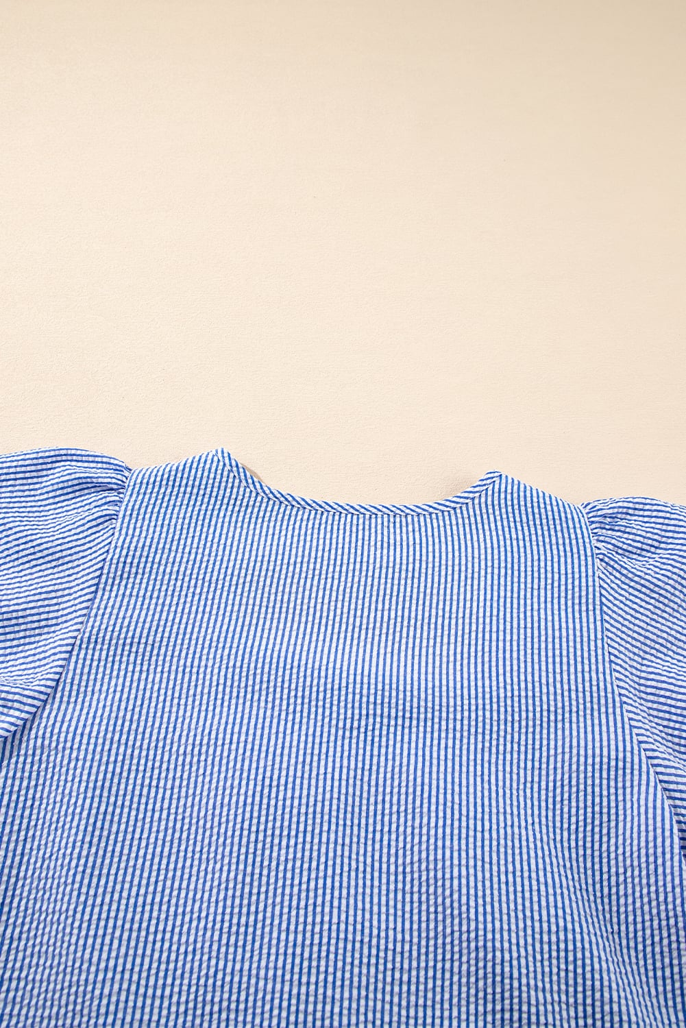 Sky Blue Stripe Textured Ruffle Short Sleeve Boho Detail Square Neck Blouse