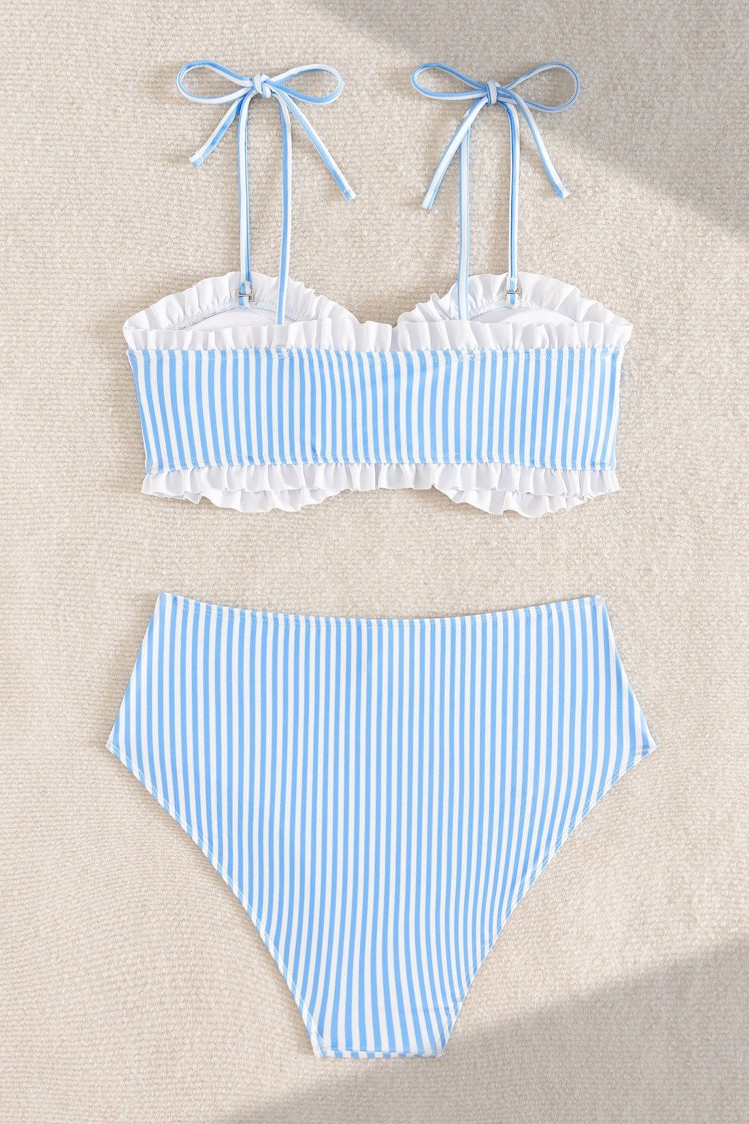 Sky Blue Stripe Tie Straps Colorblock Ruffle Trim Sexy 2pcs Bikinis