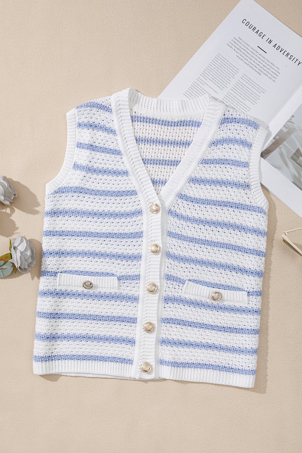 Sky Blue Stripe V Neck Gold Buttons Elegant Sweater Vest