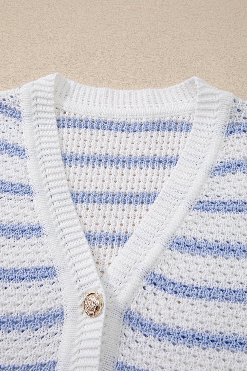 Sky Blue Stripe V Neck Gold Buttons Elegant Sweater Vest