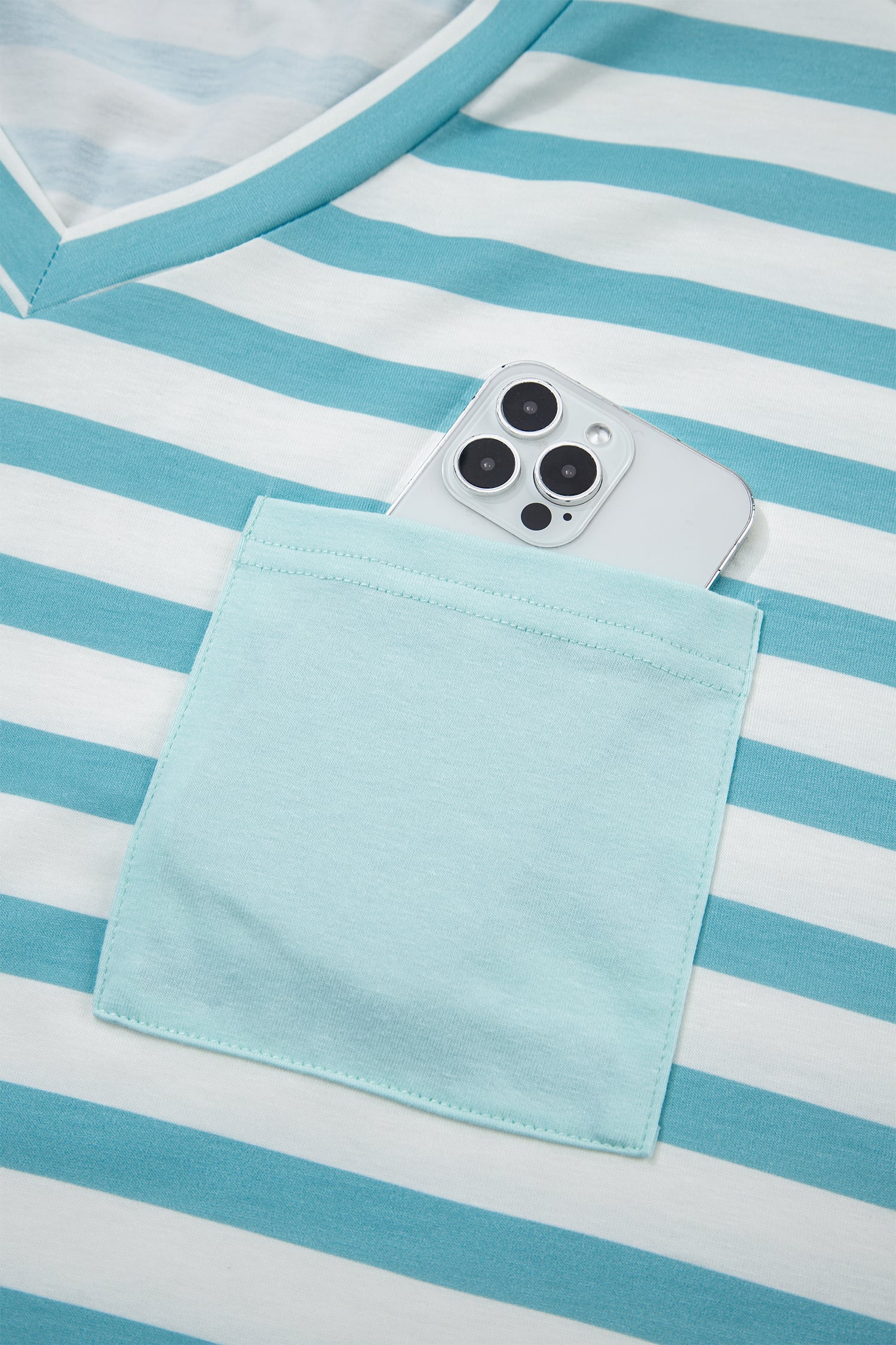 Sky Blue Stripe V Neck Patched Pocket Casual T Shirt